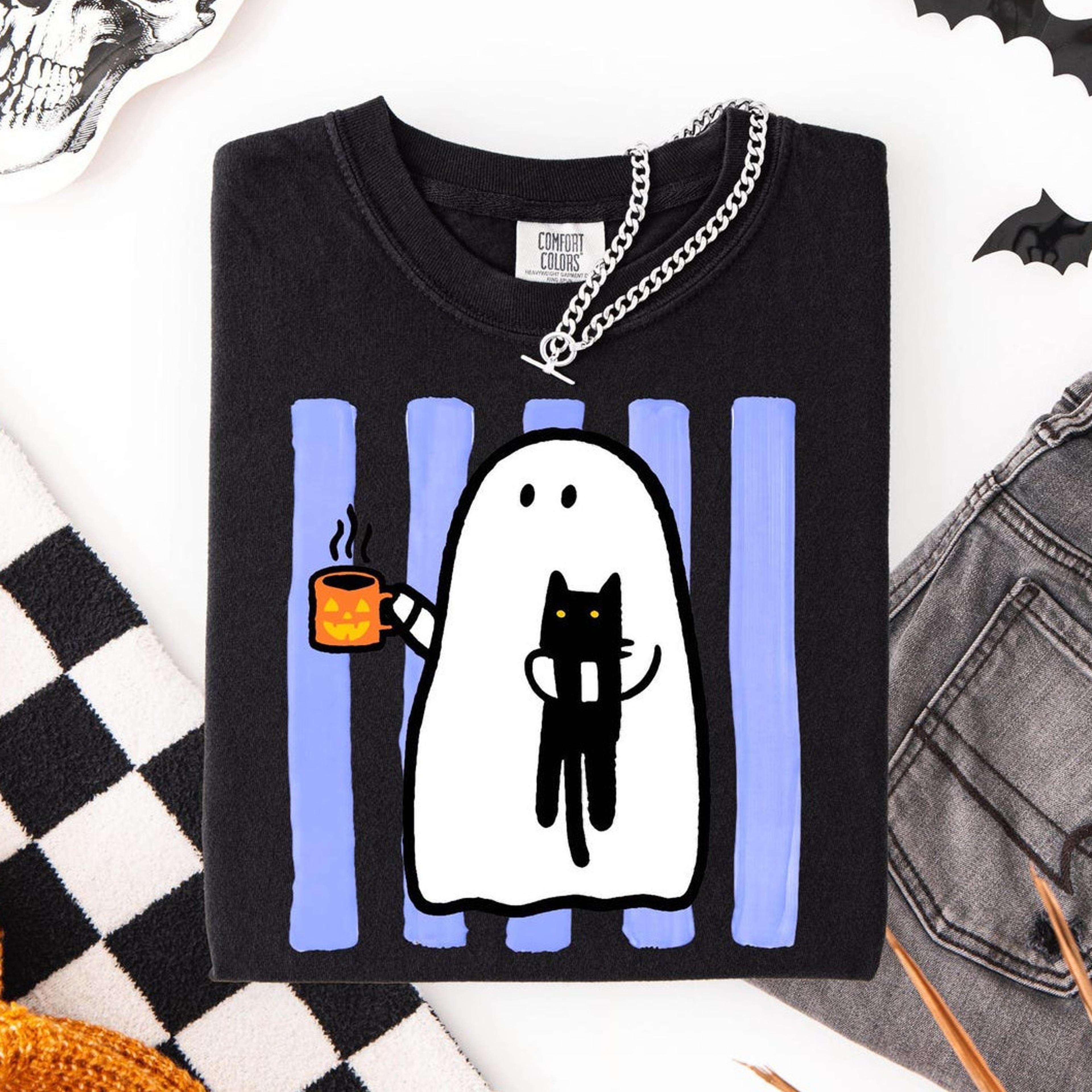 ghost and cat halloween t-shirt cute spooky season graphic tee