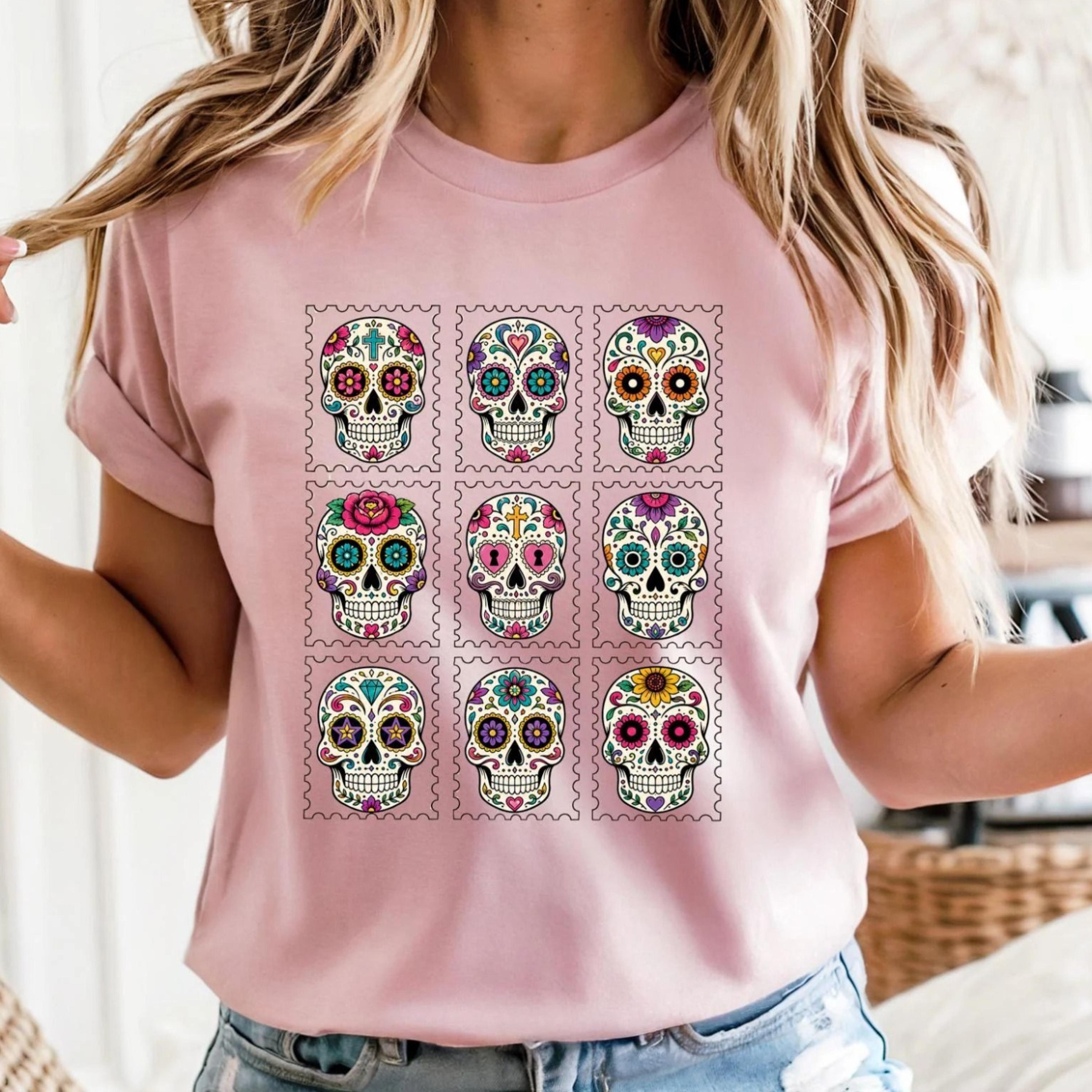 day of the dead mexican skulls postage stamp shirt | halloween folk art witchy floral sugar | dia de los muertas | unise