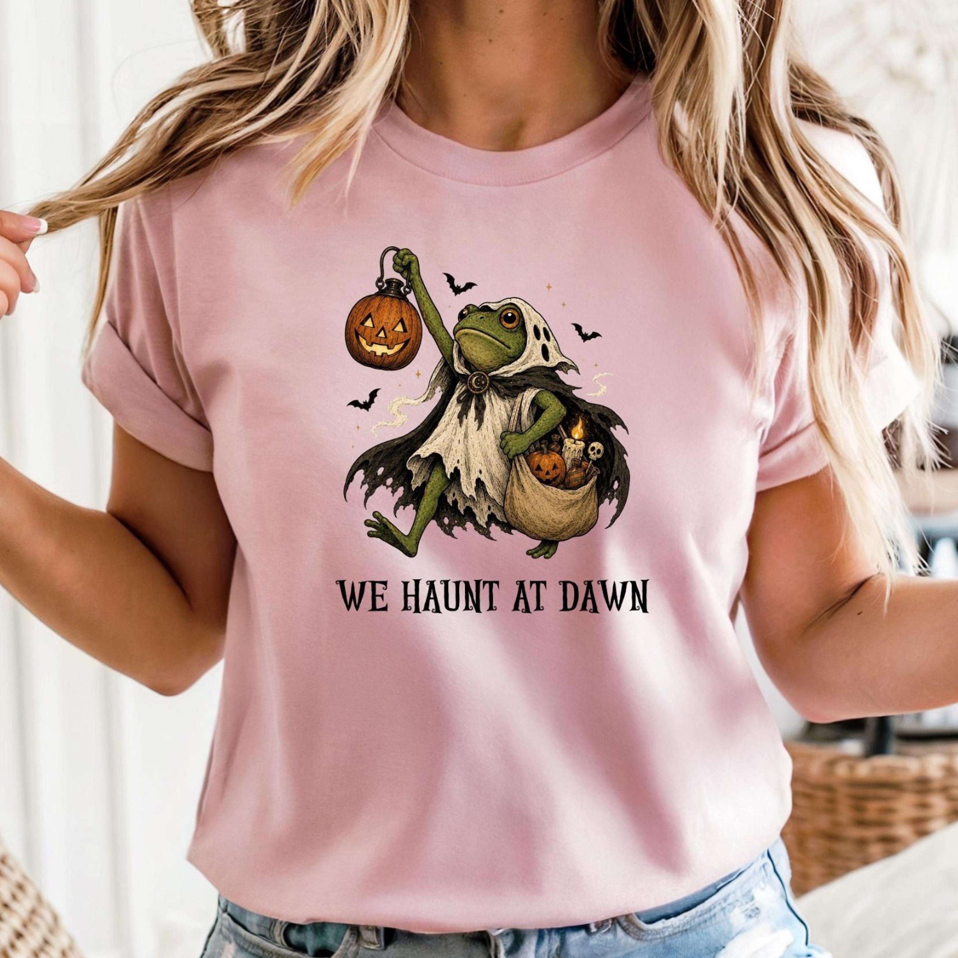 funny halloween frog t-shirt | we haunt at dawn pumpkin | spooky renaissance fair medieval hero | goblincore clothing |