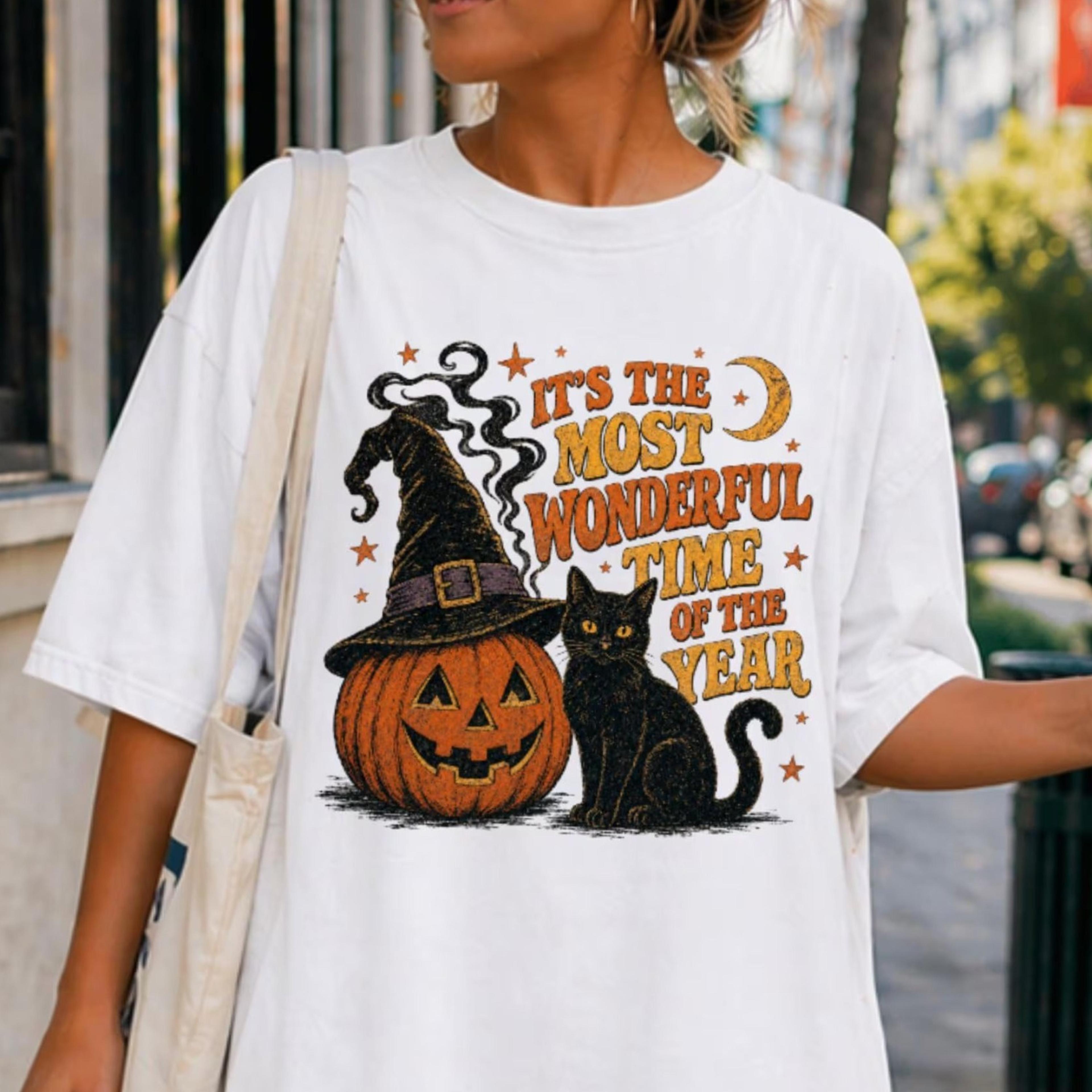 vintage halloween tshirt retro halloween 90s spooky black cat shirt witchy pumpkin most wonderful time witchy fall shirt