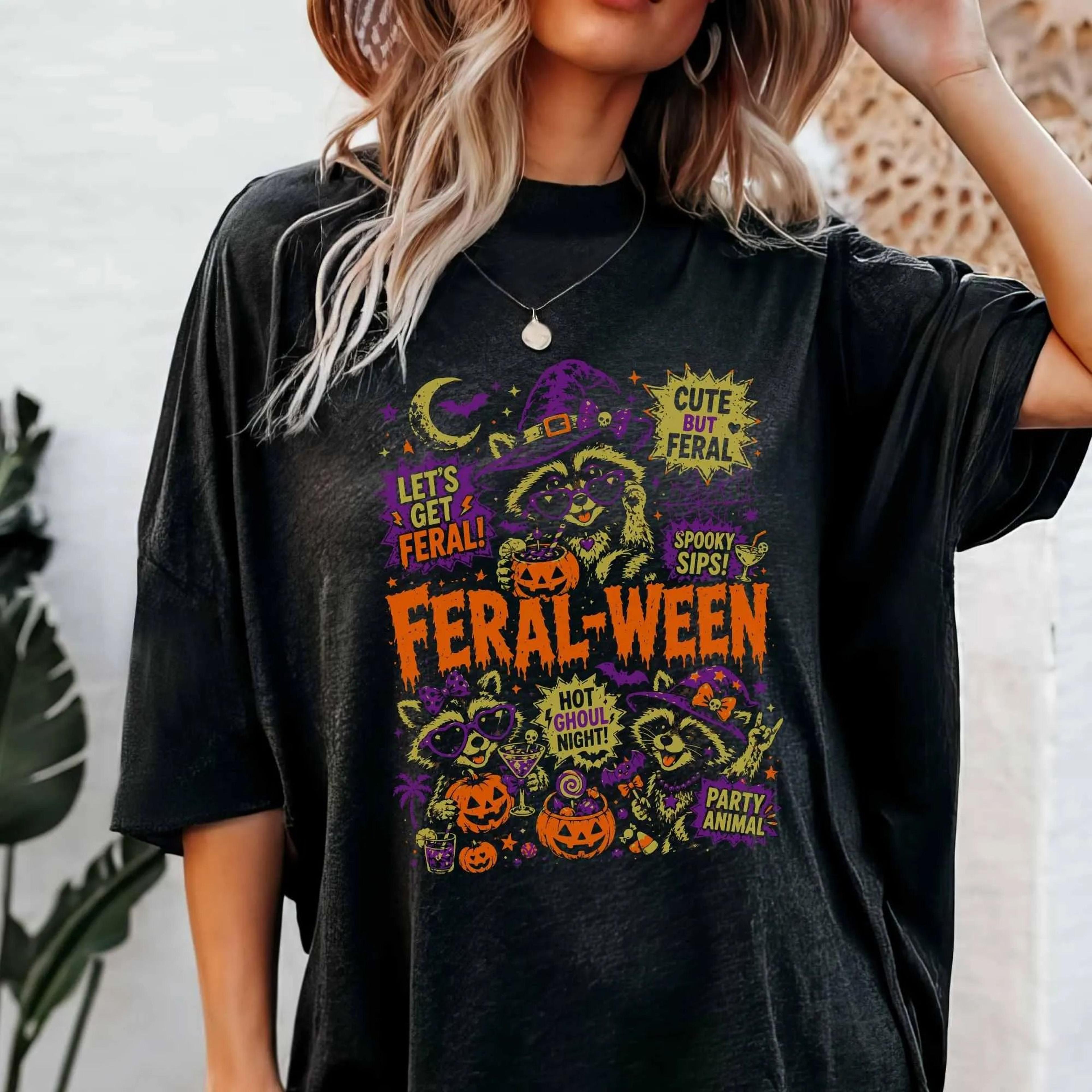 feral halloween raccoon retro witchy party shirt | vintage cartoon | funny ghost | spooky season gift | feralween summer