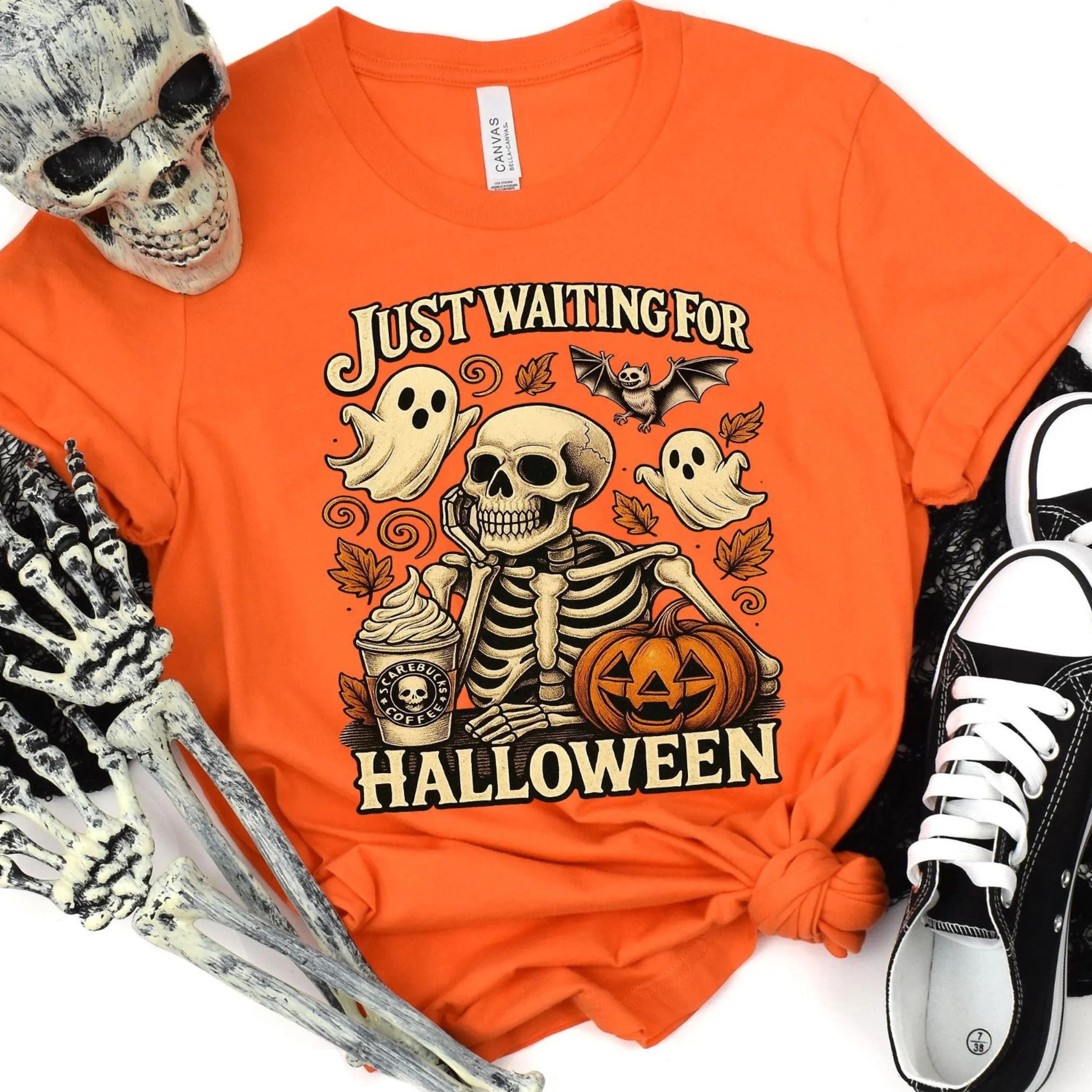 just waiting for halloween t-shirt, halloween shirt, funny halloween shirt, skeleton halloween, fall shirt, spooky shirt