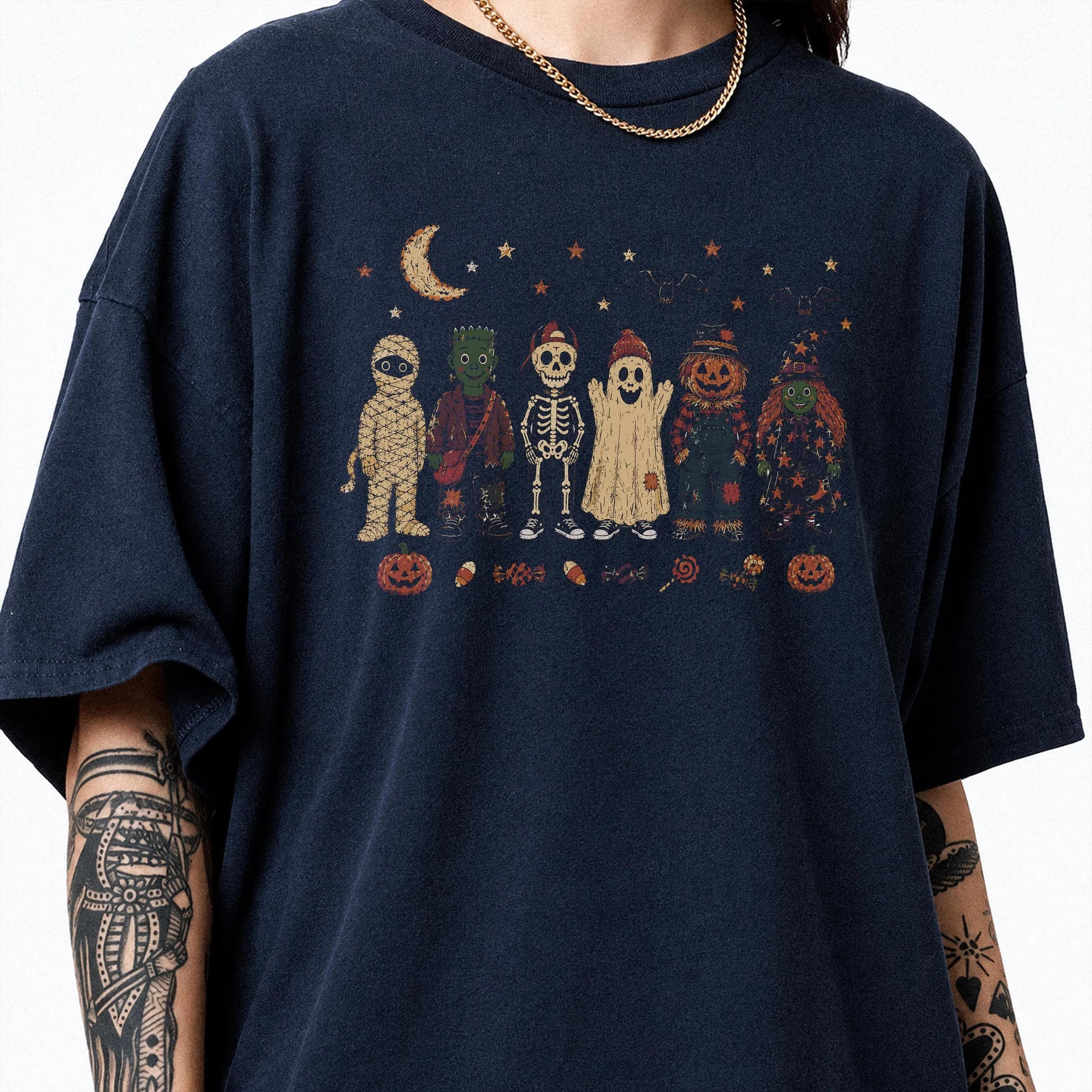 vintage halloween characters shirt, retro halloween graphic shirt, cute halloween