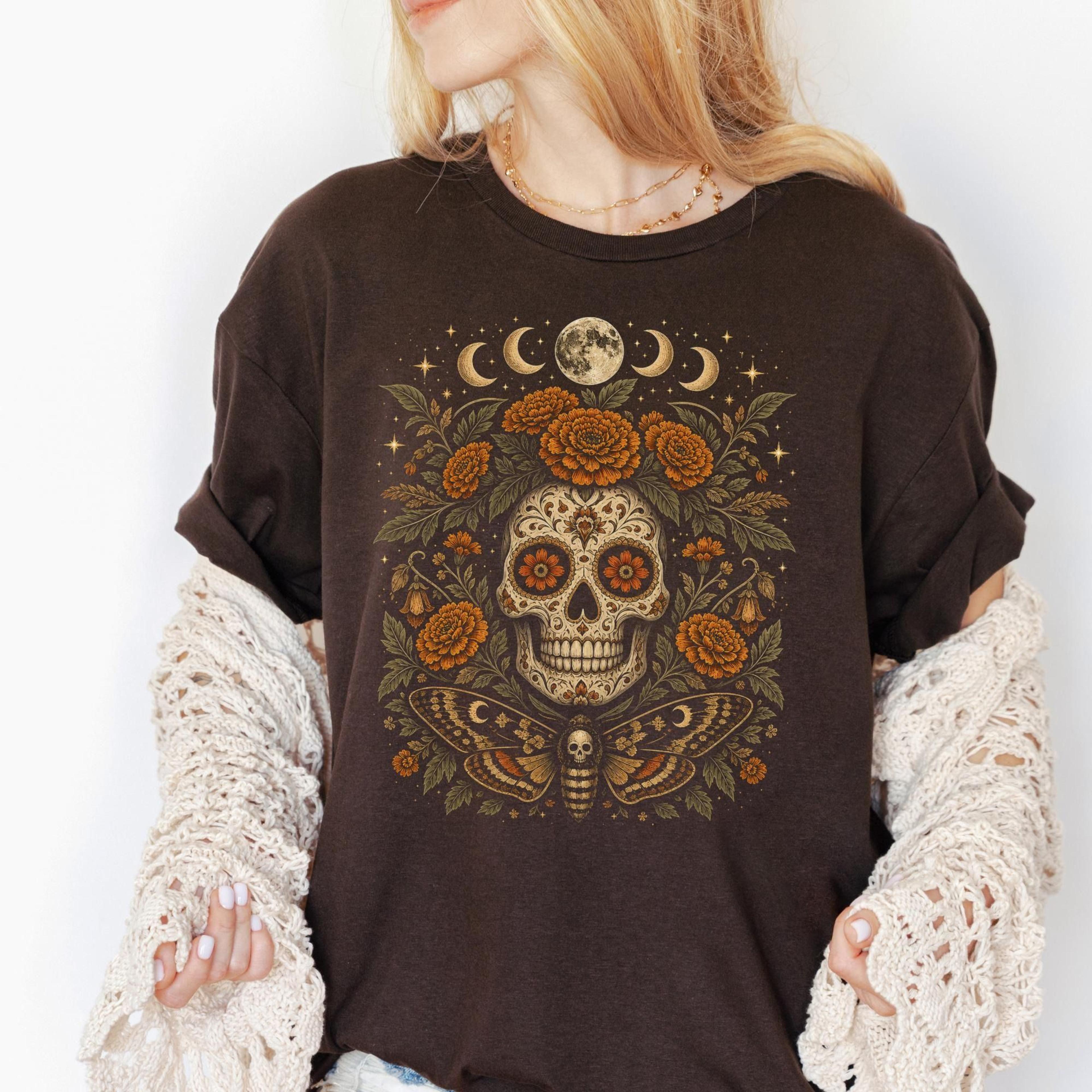 boho day of the dead mexican skull bat moon shirt | halloween phases witchy floral bats | dark cottagecore | spooky seas