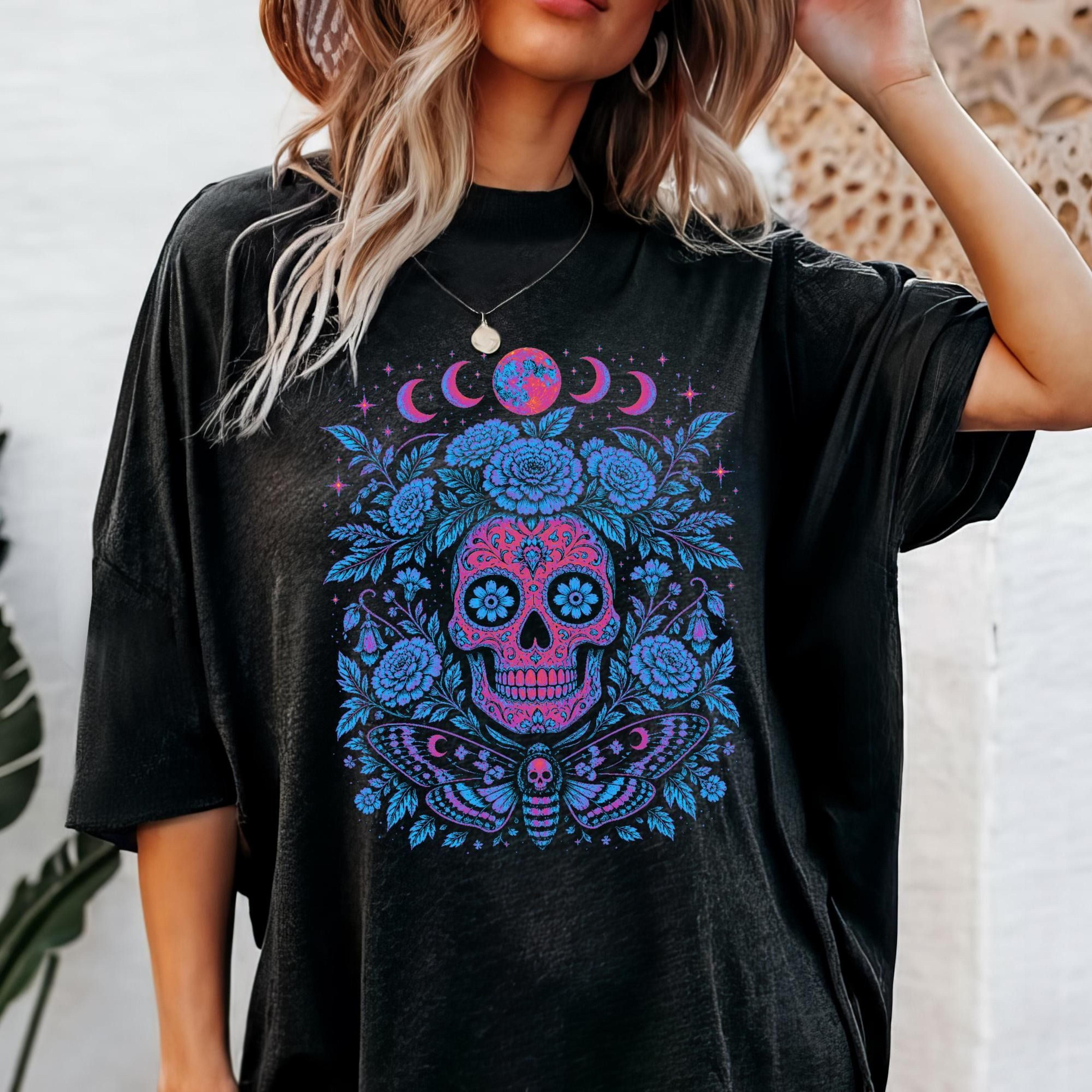 irridescent day of the dead mexican skull bat moon shirt | halloween witchy floral bats | dark cottagecore | spooky seas