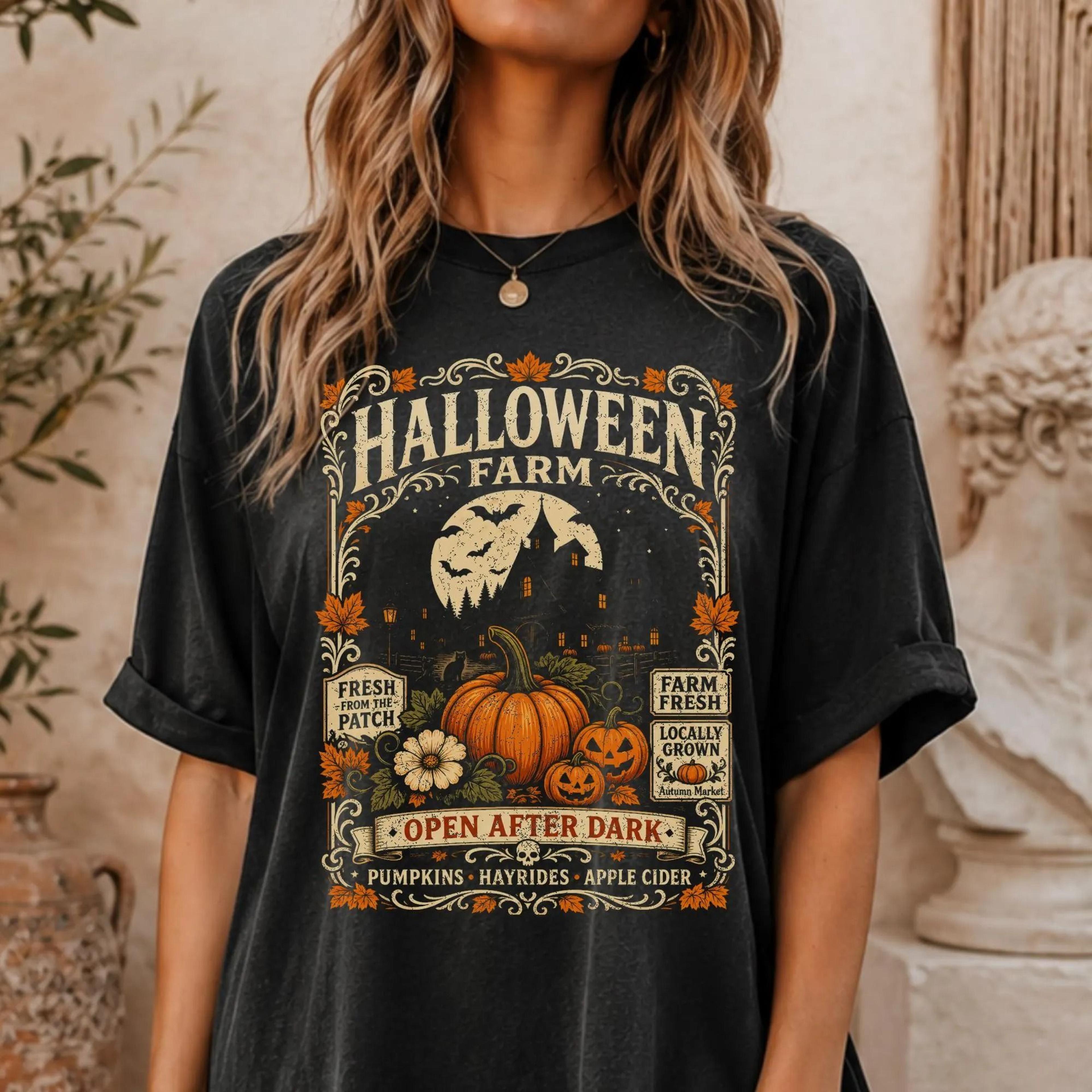vintage halloween pumpkin farm tshirt retro 90s spooky shirt witchy cosy haunted farm fall shirt | cult classic horror |