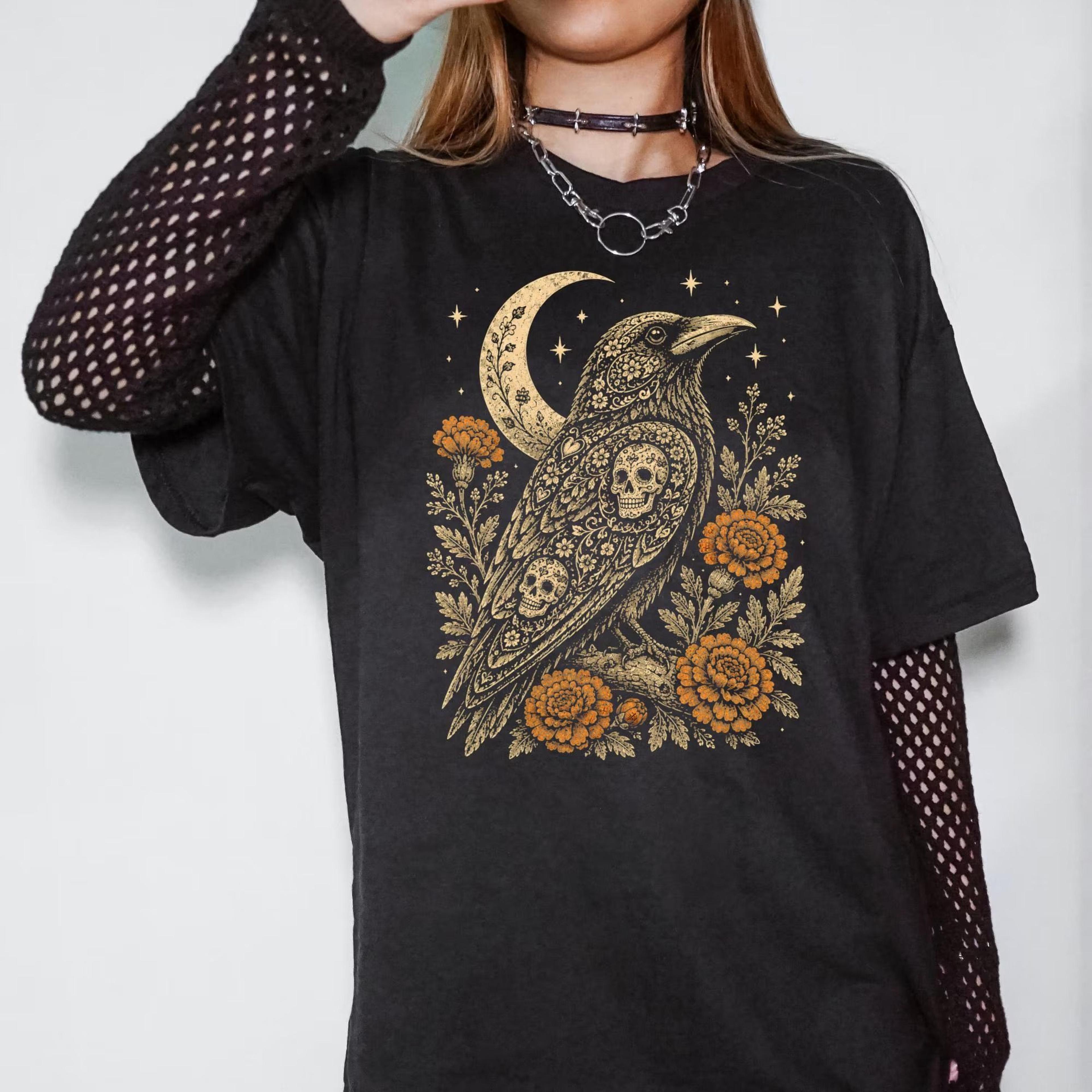 raven halloween boho day of the dead mexican skull floral shirt | moon witchy crow | dark cottagecore | spooky season |