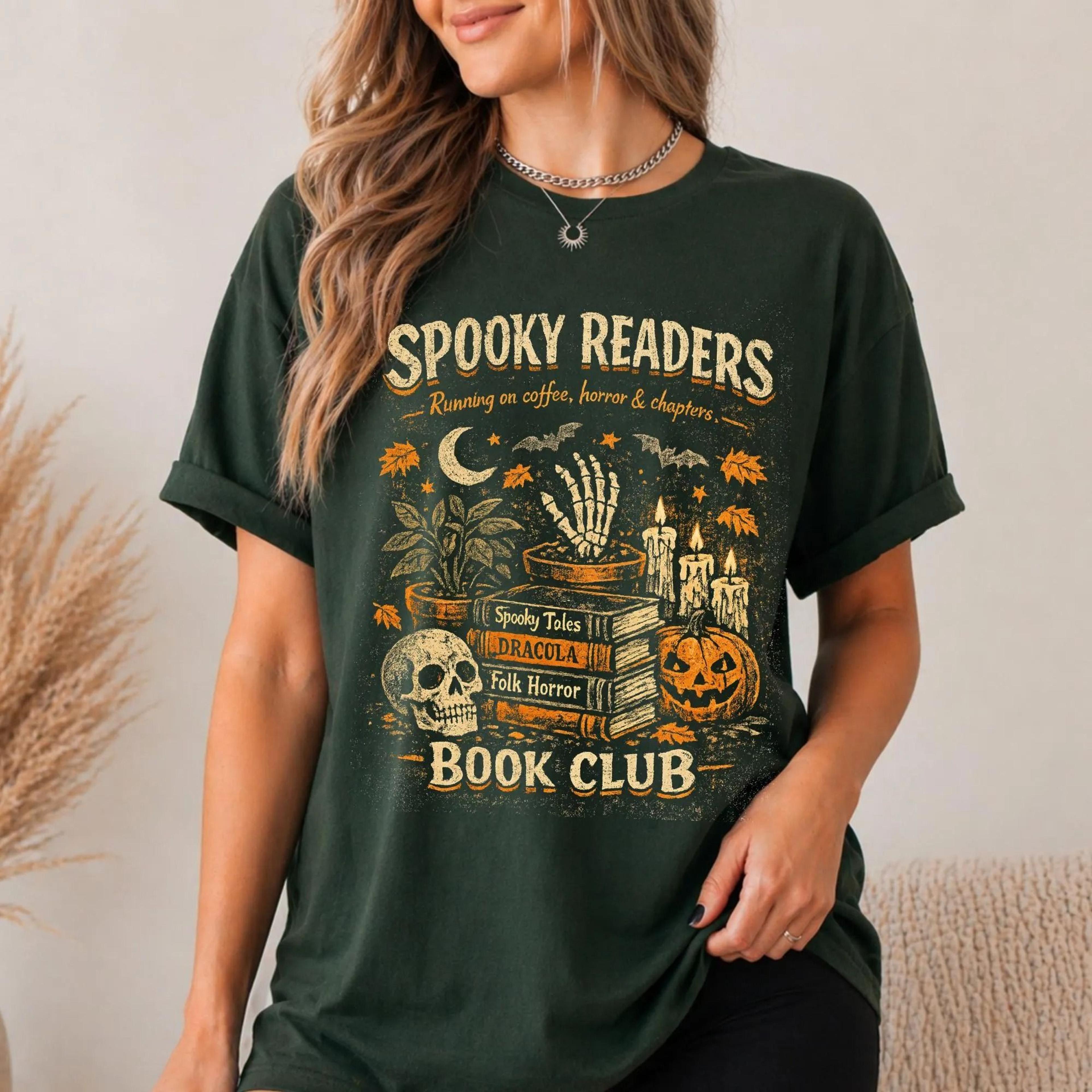 spooky readers halloween book tshirt retro halloween vintage 90s dark academia shirt witchy book club cozy fall shirt |