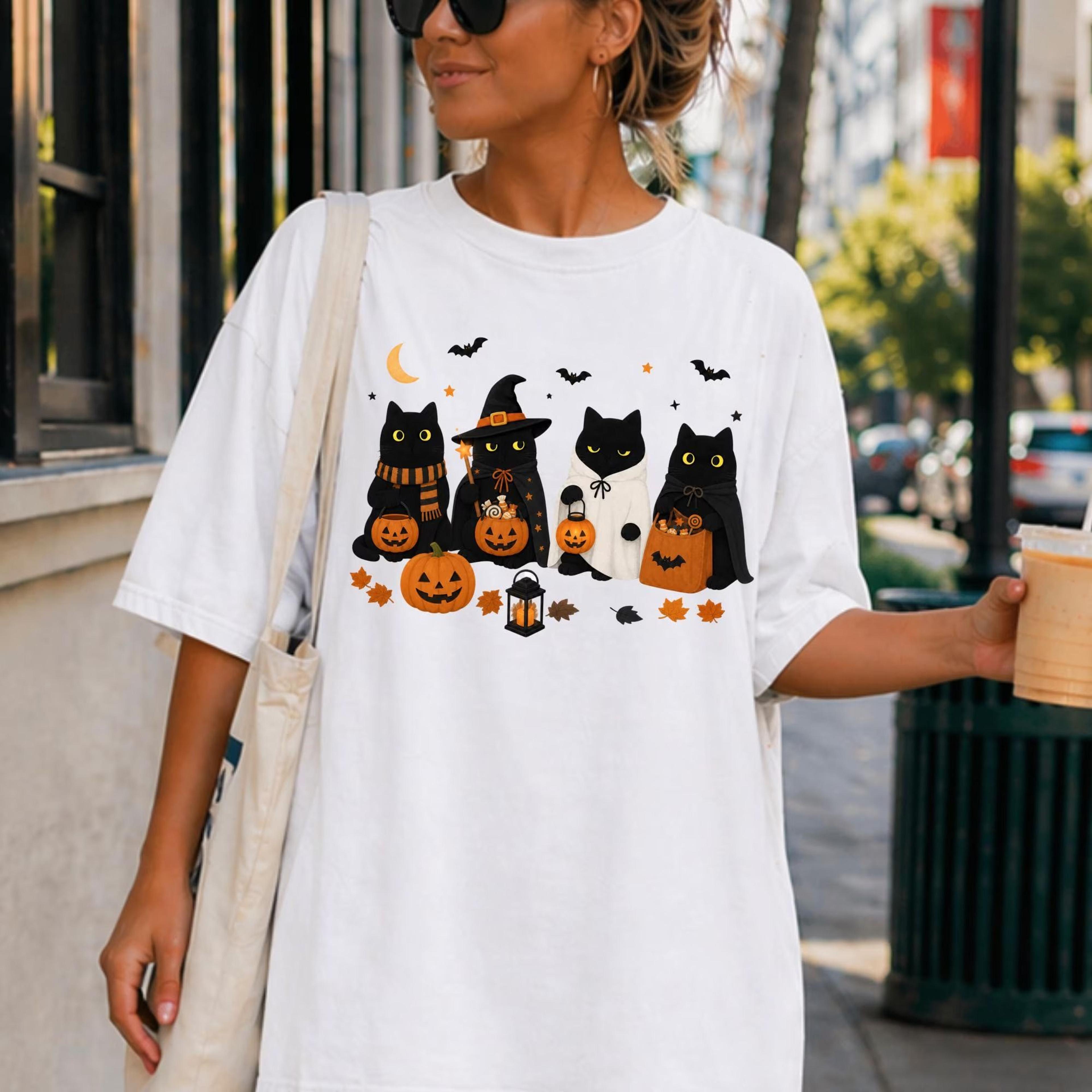 halloween cats pumpkin ghost cat shirt | spooky cat lovers tee | cozy fall mom funny | trick or treat | black lover autu