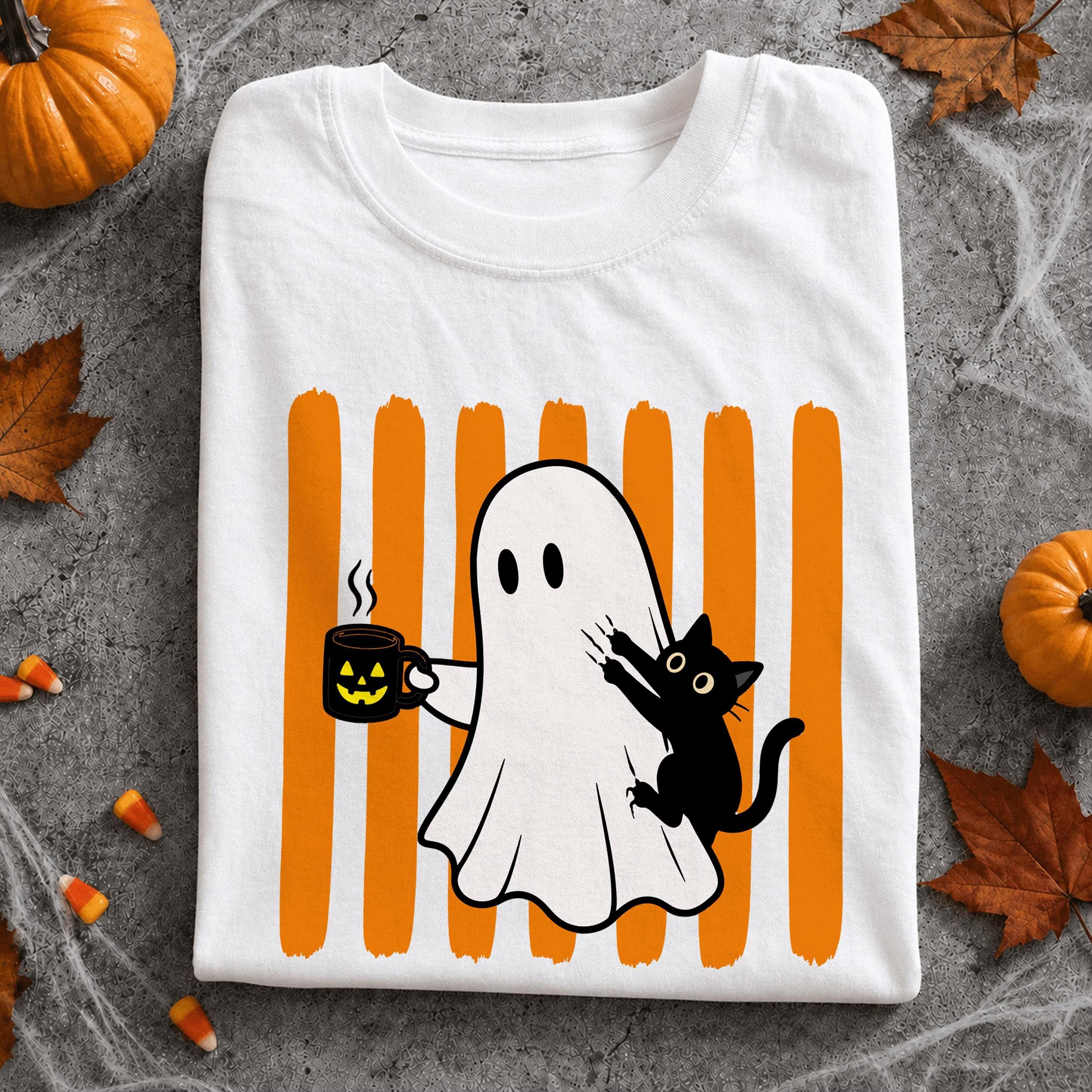 ghost & black cat halloween shirt, trendy autumn tshirt, funny striped spooky season tee, ghost coffee lover fall outfit