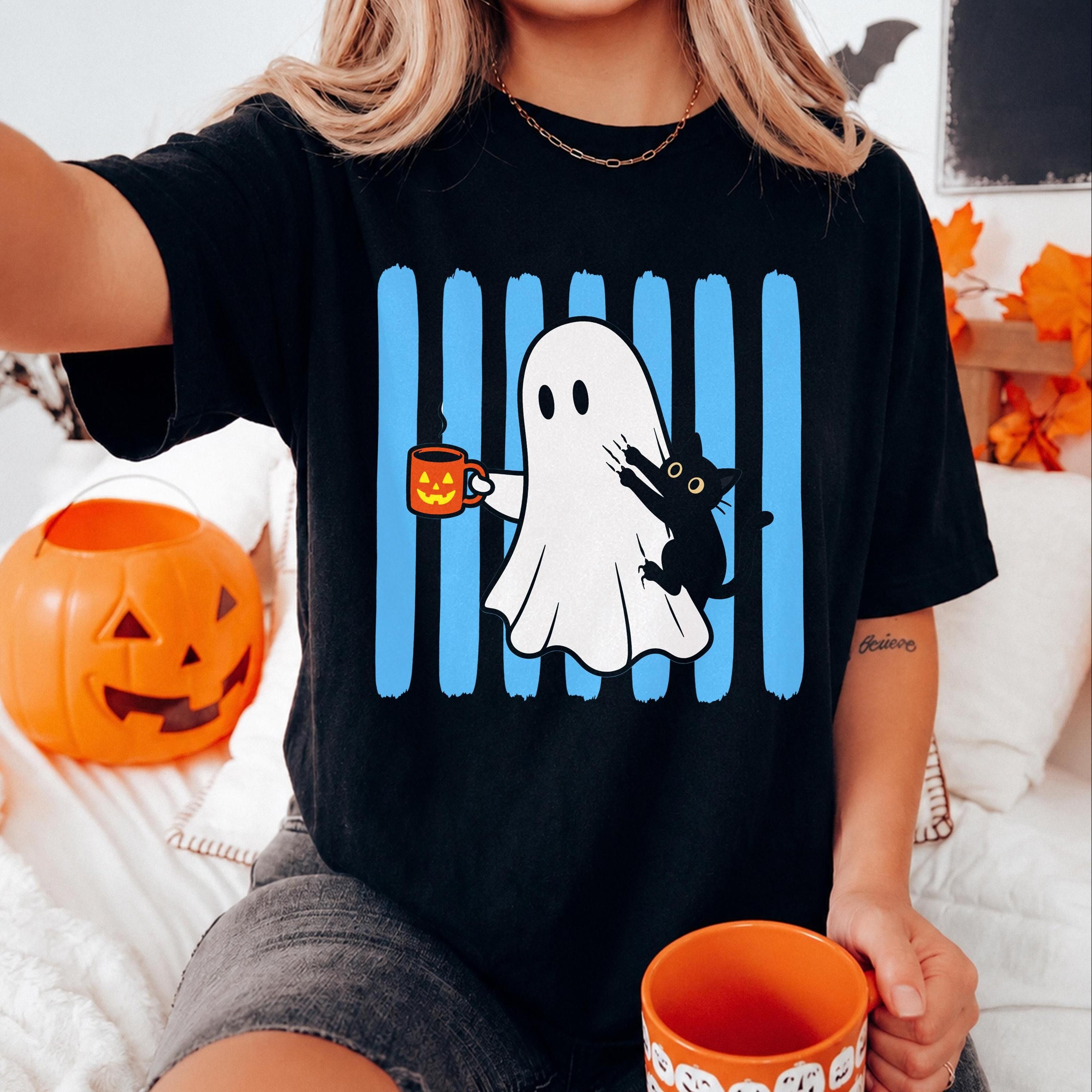 ghost & black cat halloween shirt, funny striped spooky season tee, trendy autumn tshirt, ghost coffee lover fall outfit