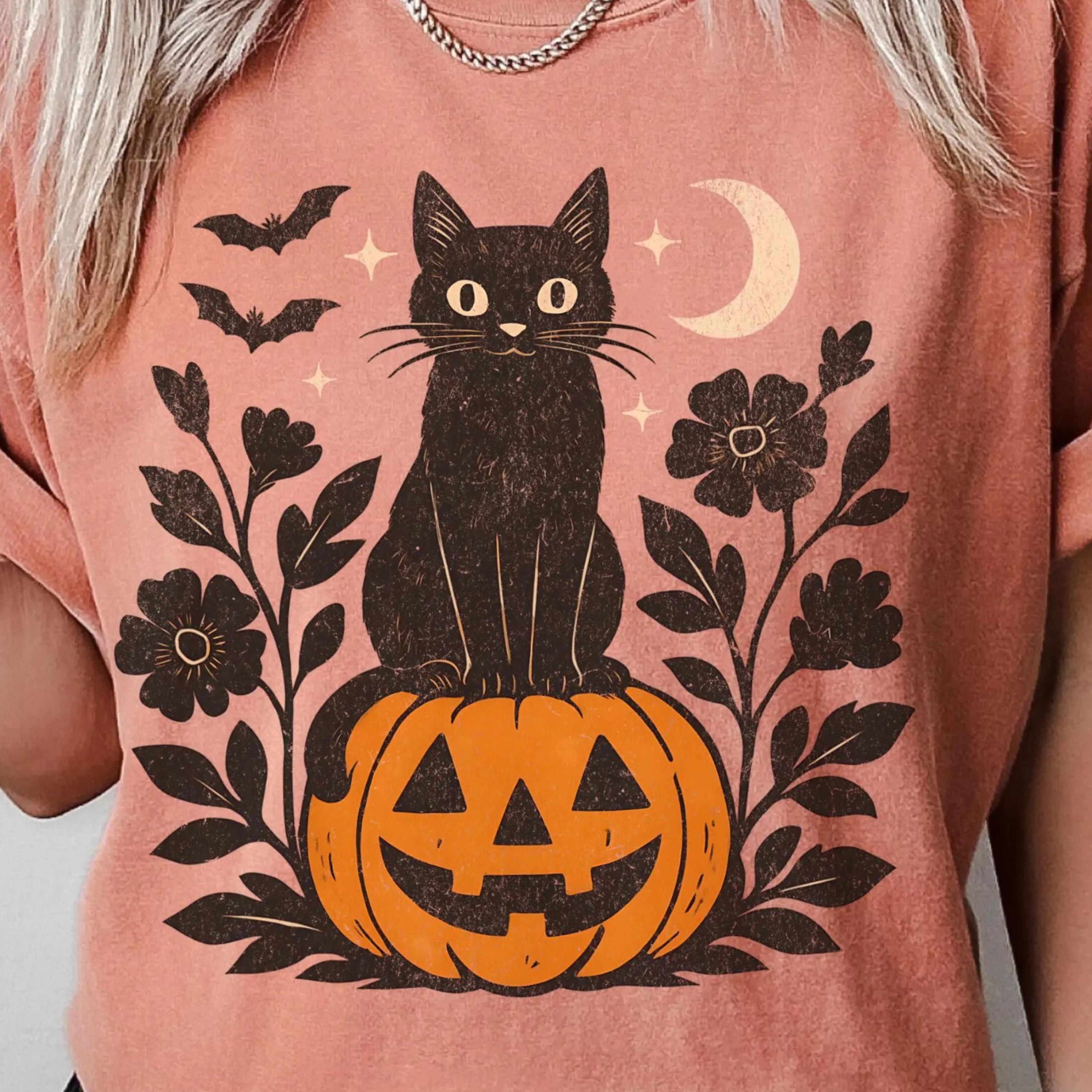 black cat on pumpkin comfort colors shirt - vintage halloween graphic tee, retro pumpkin sweatshirt, black stamp flower