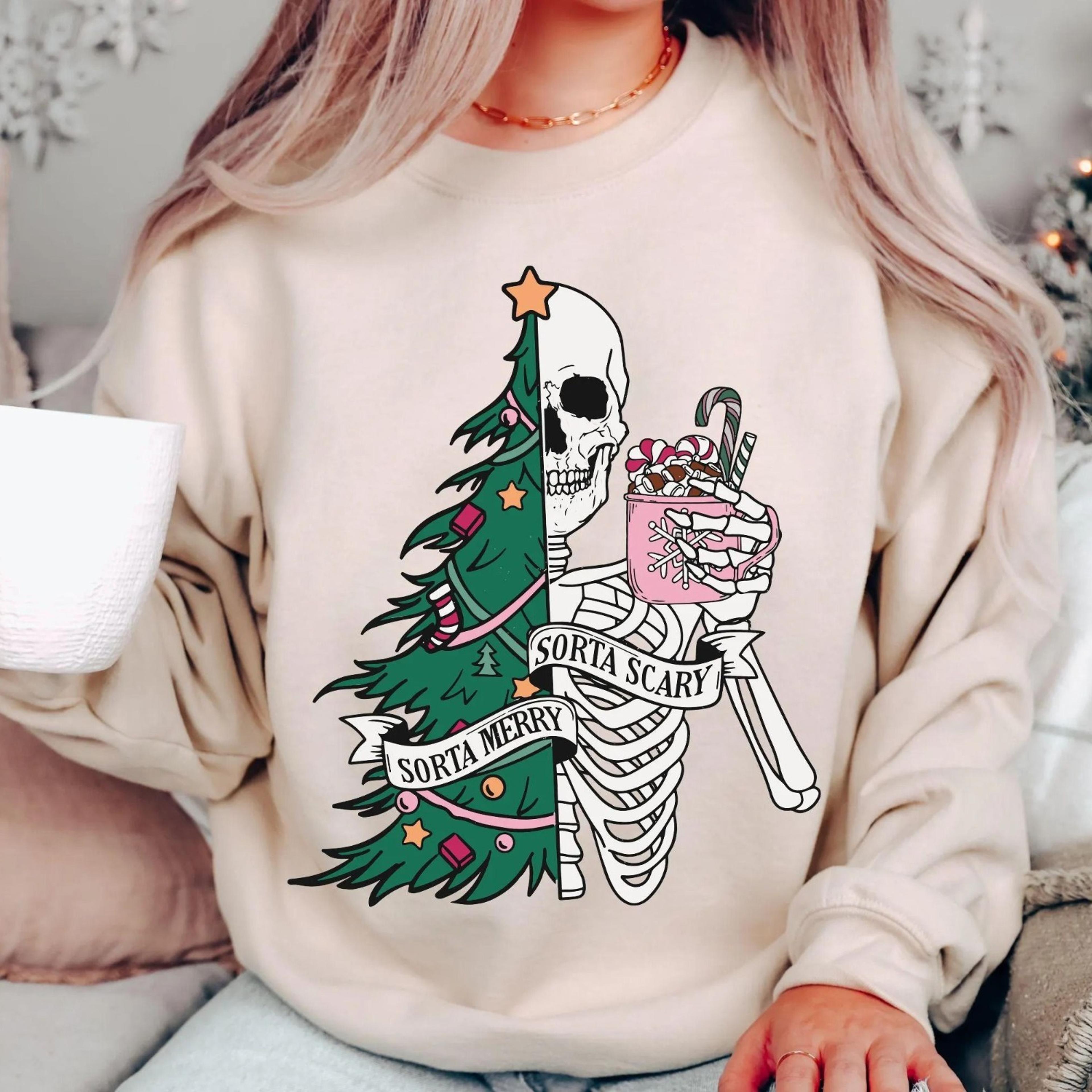 sorta merry sorta scary sweatshirt, dead skeleton christmas sweater,sarcastic christmas tee,merry christmas shirt,funny