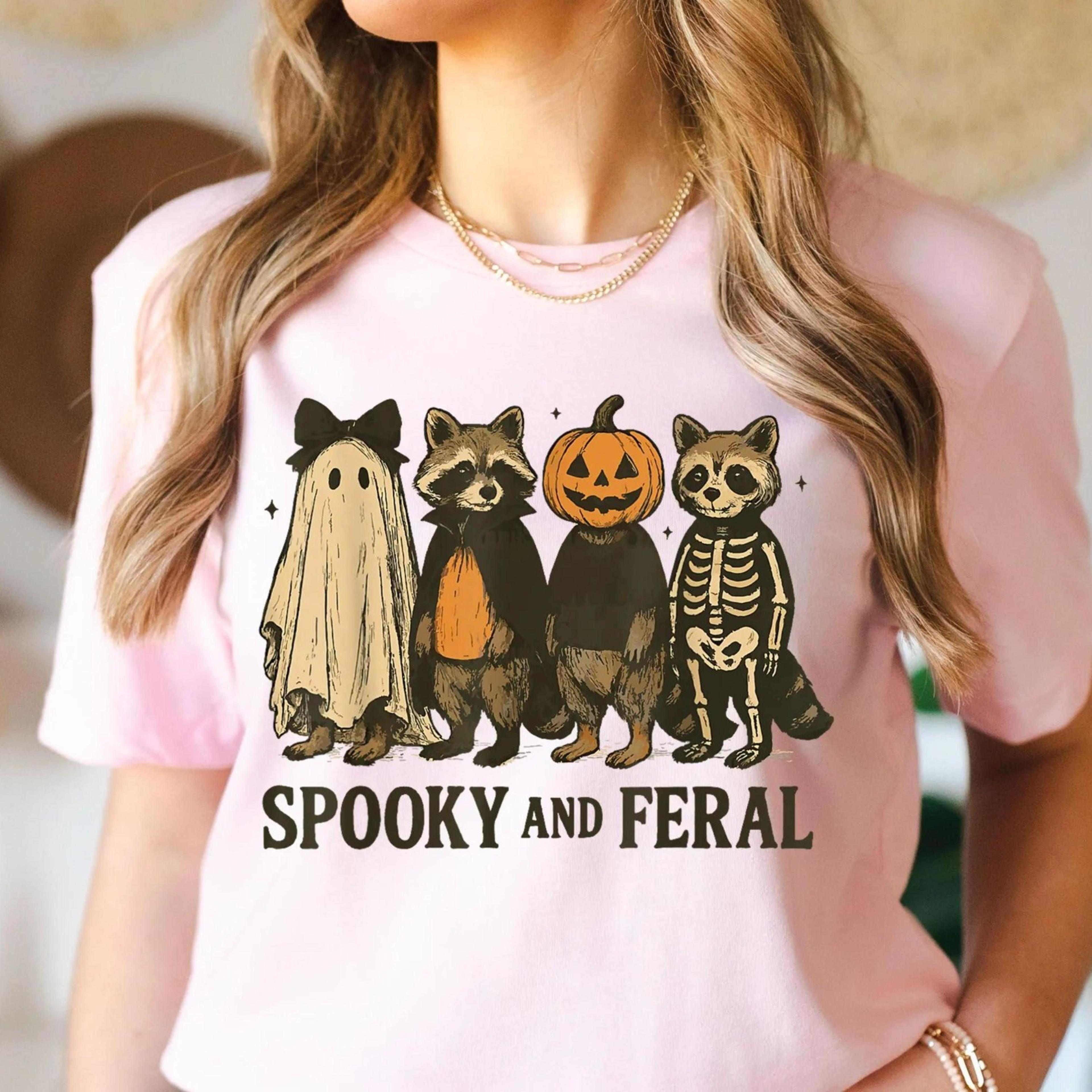 spooky and feral raccoon shirt, funny halloween raccoon shirt, cute trendy womens halloween t-shirt, vintage fall tshirt