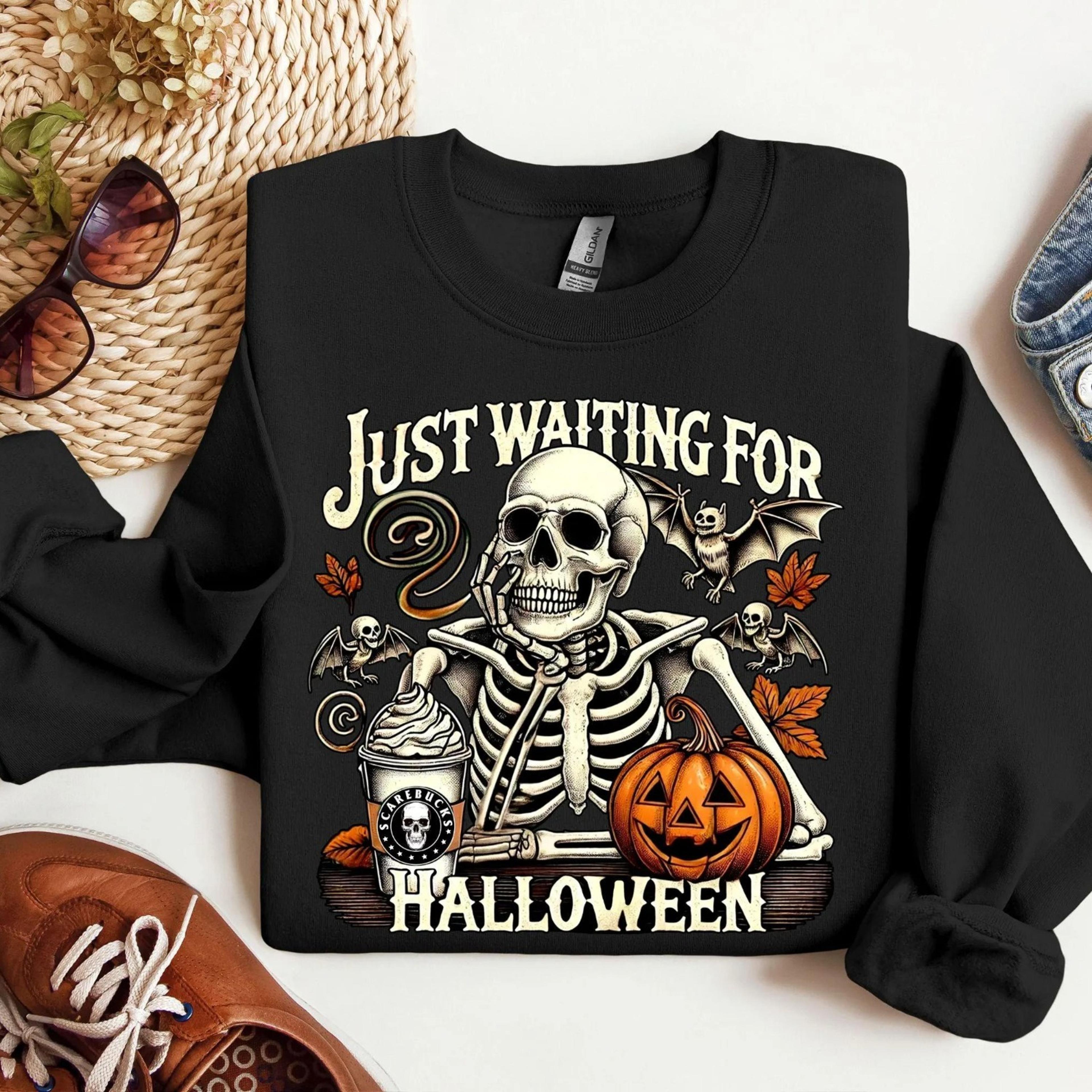 just waiting for halloween shirt, funny skeleton pumpkin shirt, spooky fall graphic shirt, retro halloween womens shirt,