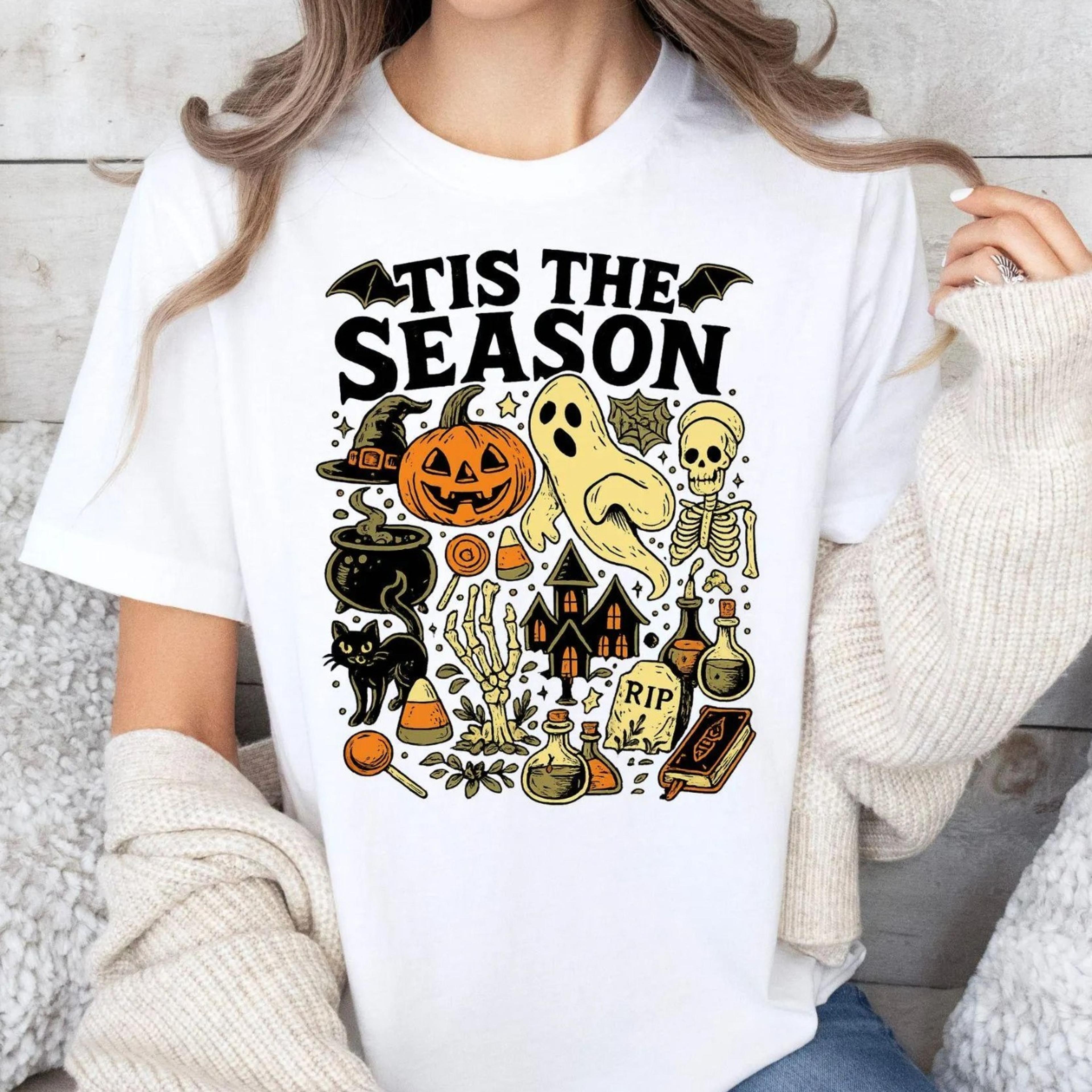 vintage halloween t-shirt, retro tis the season skeleton pumpkin ghost halloween tshirt, y2k halloween, fall halloween g
