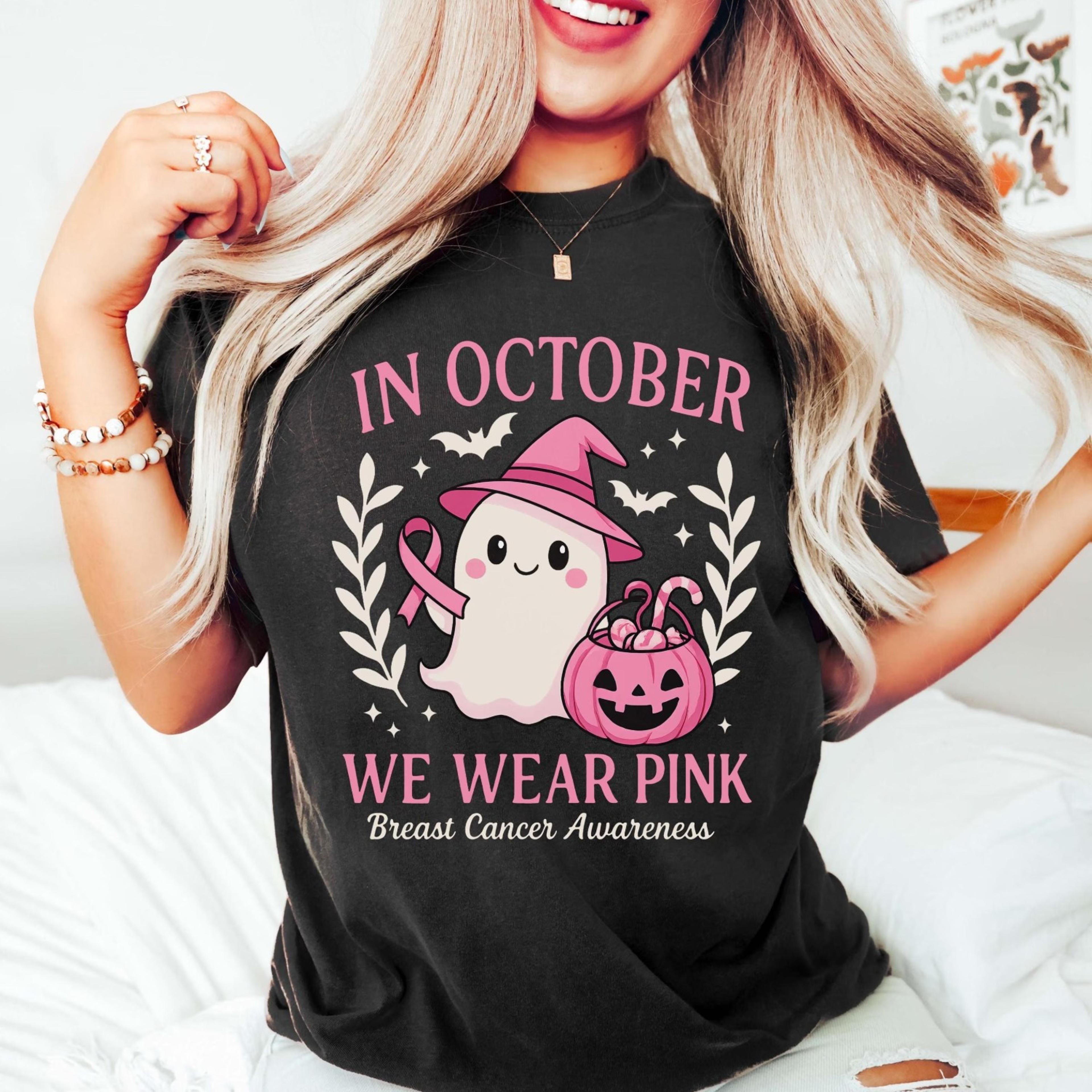 in october we wear pink ghost shirt, breast cancer awareness halloween shirt, cute pink pumpkin shirt, support cancer aw