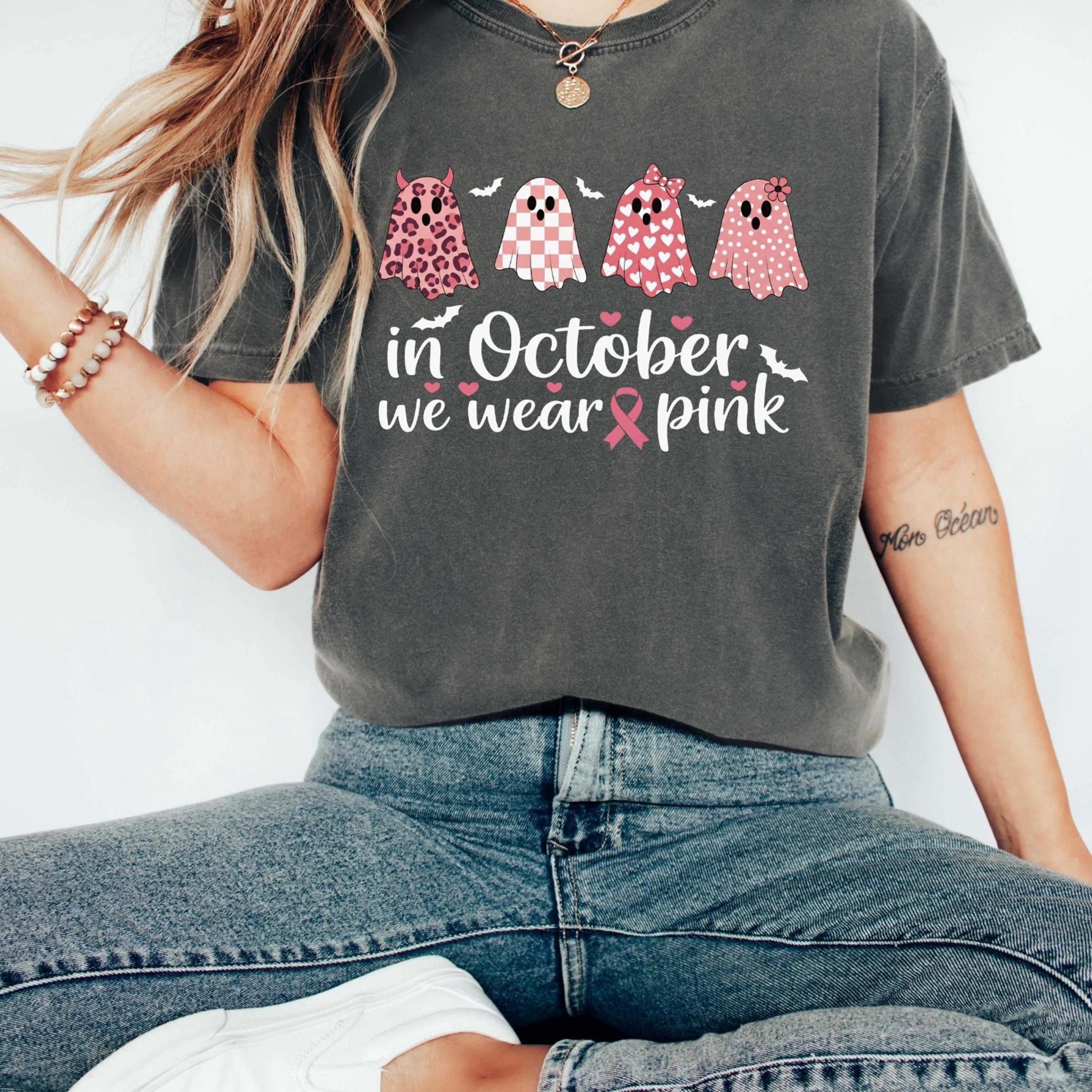 breast cancer support squad shirt, warrior pink ribbon tee, breast cancer awareness gift, in october we wear pink ghost,