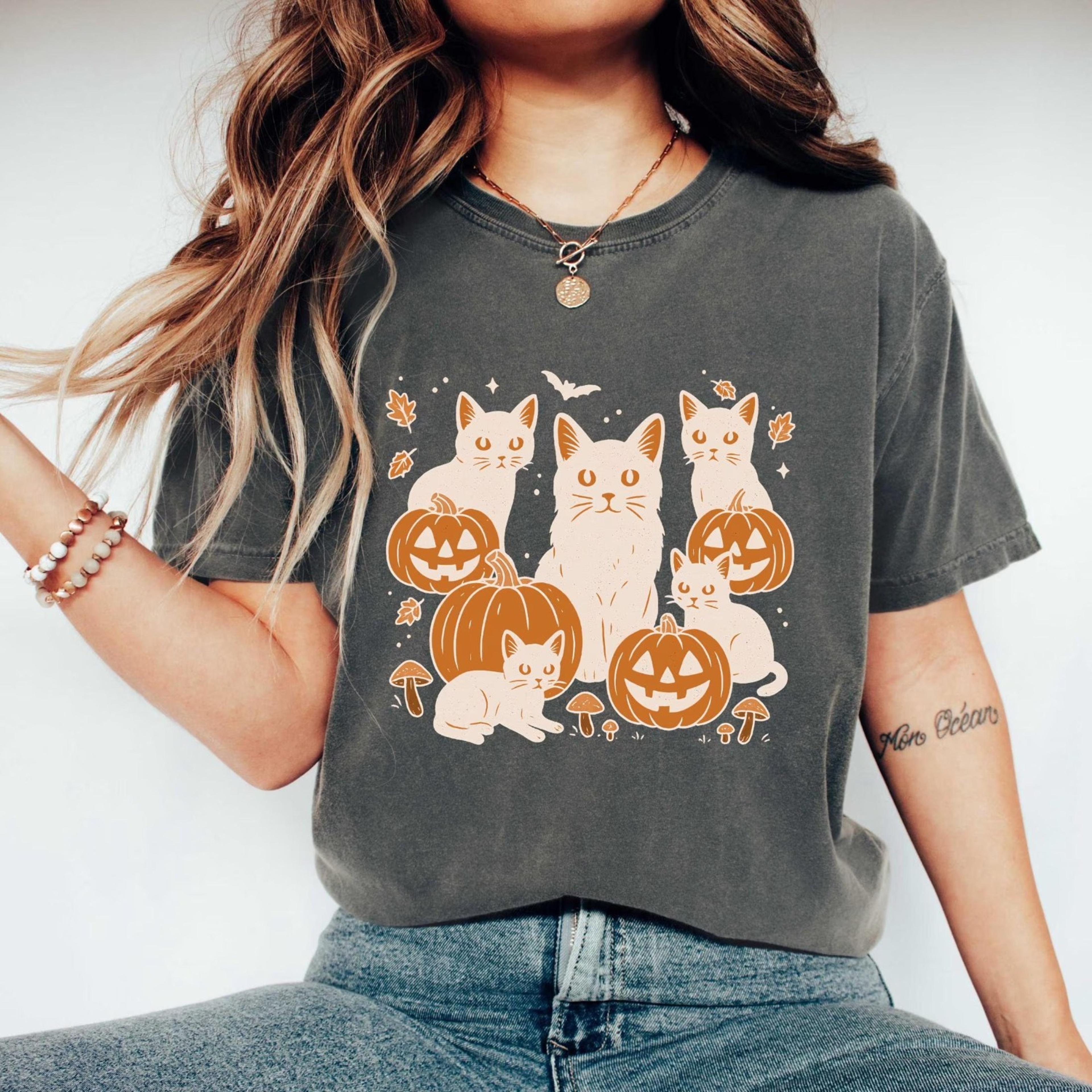 black cat & pumpkins shirt, spooky black cat sweatshirt, spooky pumpkin gift tee, witchy halloween shirt, retro spooky w