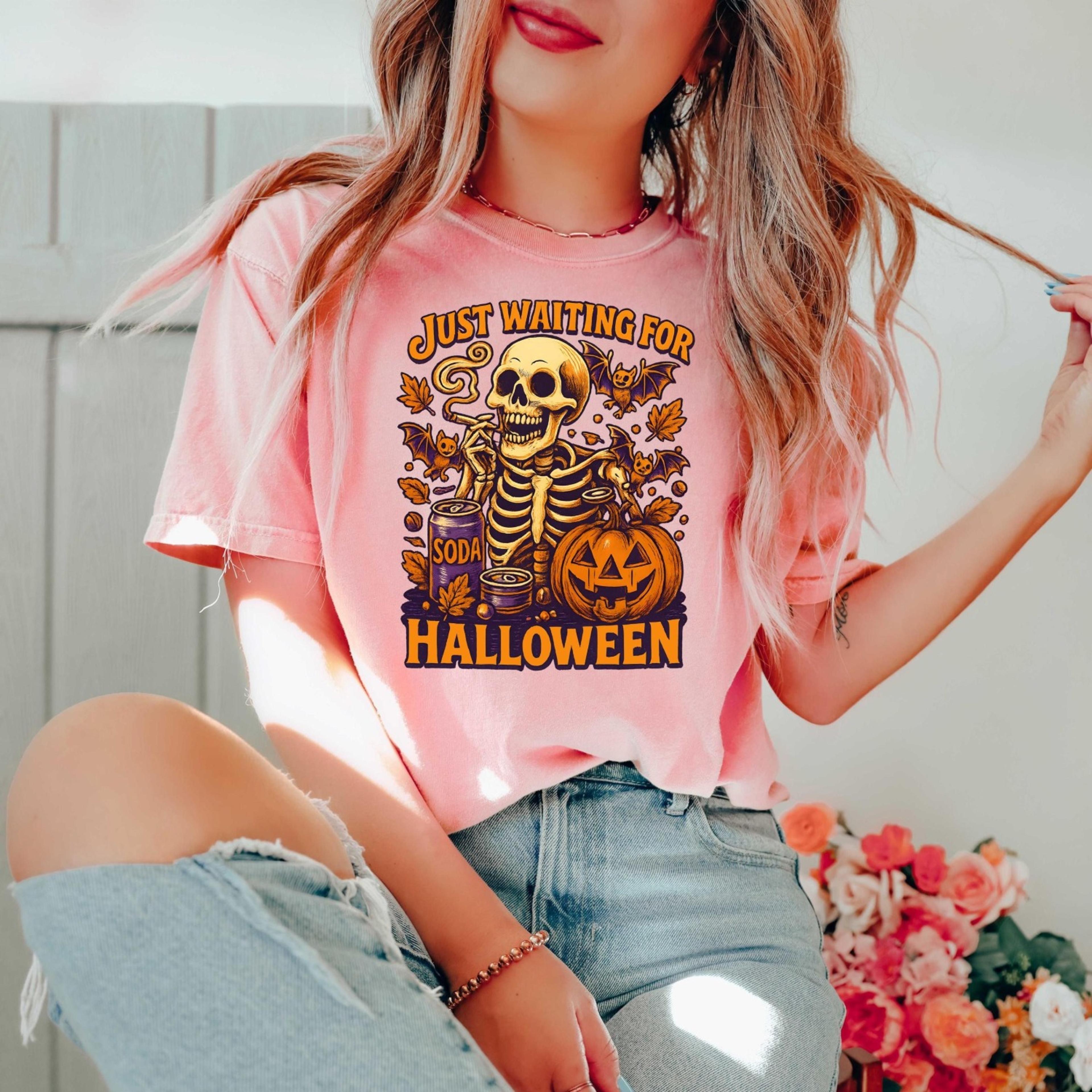just waiting for halloween shirt, waiting skeleton shirt, spooky shirt, spooky season tee, halloween gift tee, halloween