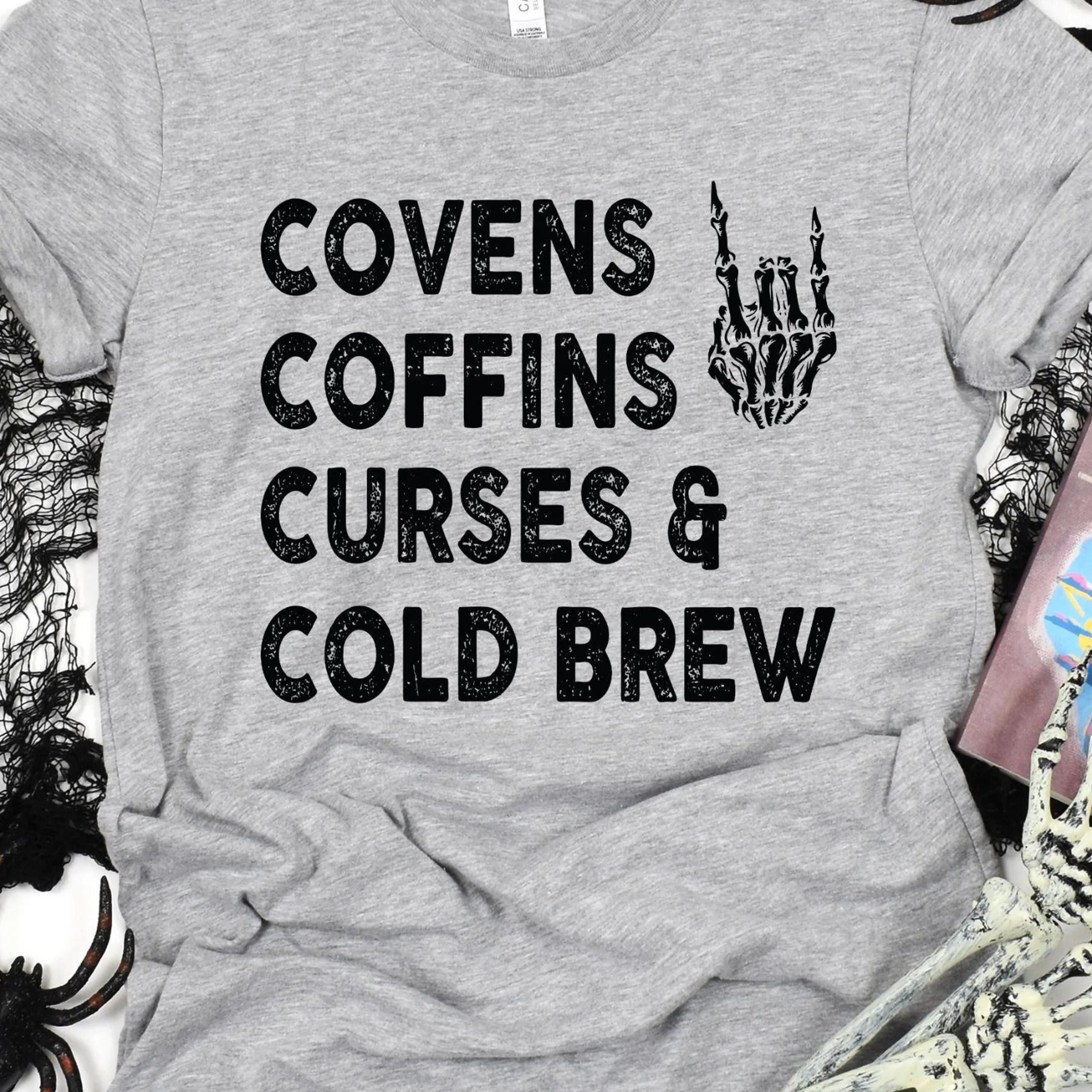 coven coffins coffee shirt witch halloween skeleton spooky tee