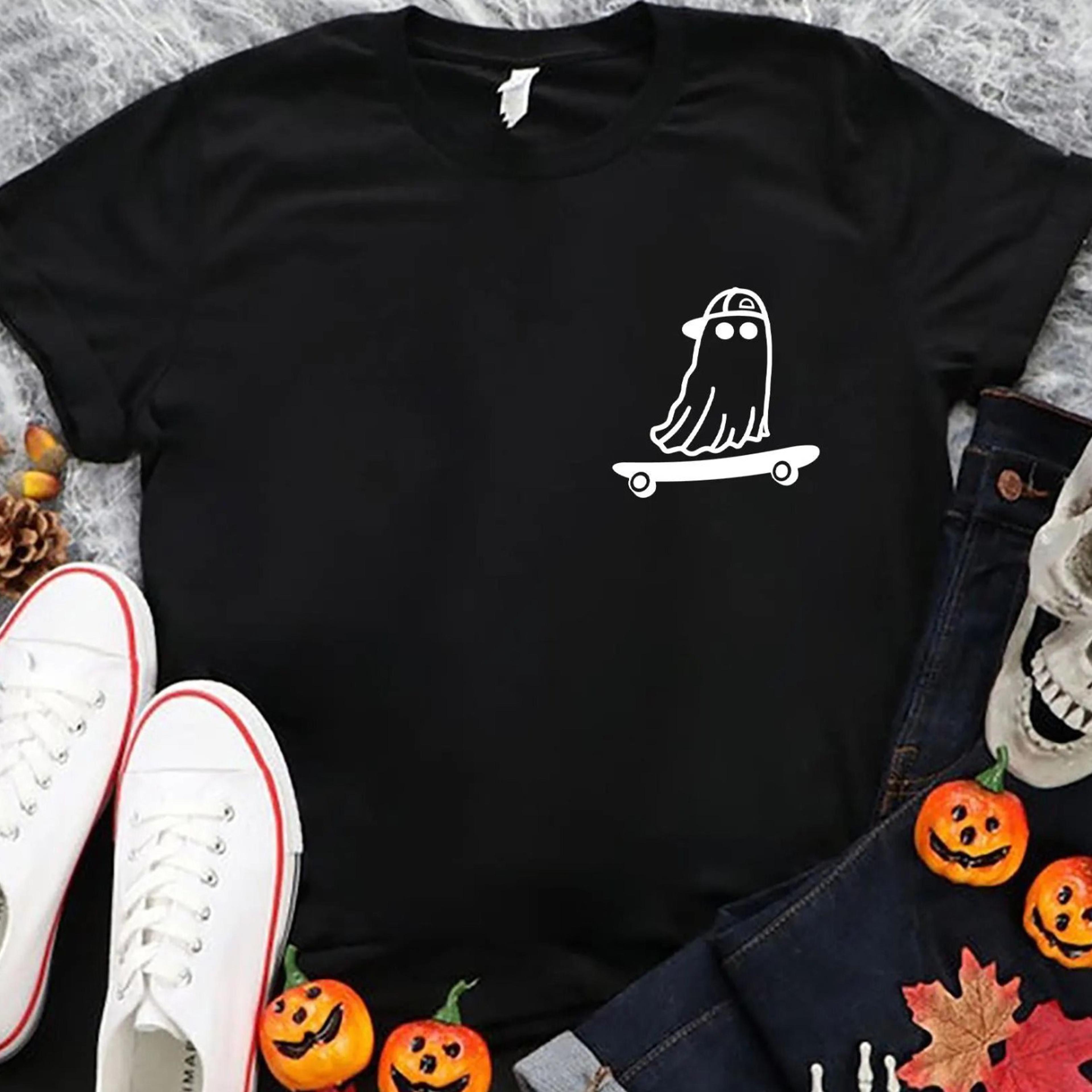 ghost pocket shirt, skateboarder shirt, cute ghost shirt, funny halloween shirt, spooky season shirt, ghost skateboard