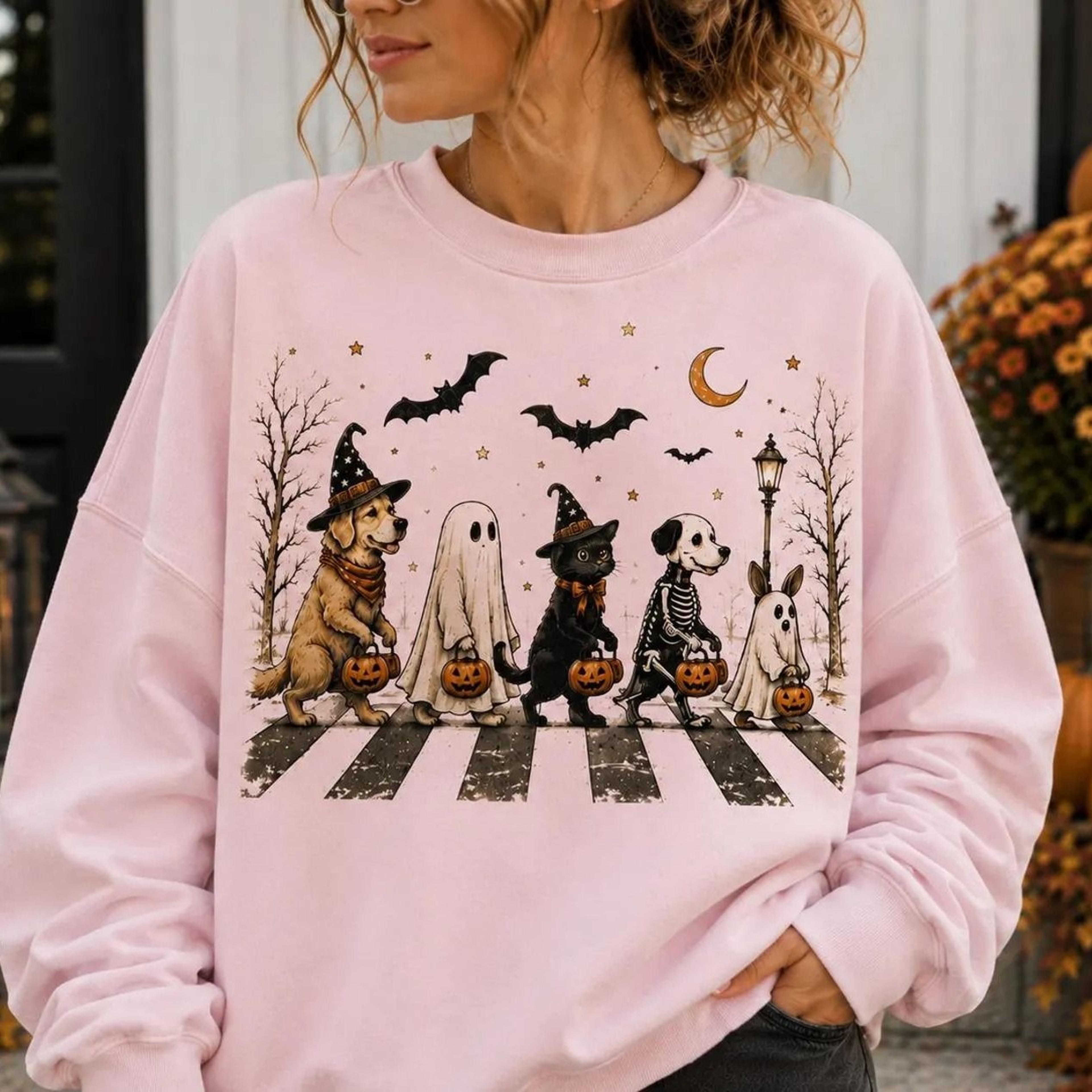 vintage halloween sweatshirt, spooky animal parade shirt, ghost cat dog crewneck, trick or treat sweatshirt, cute hallow