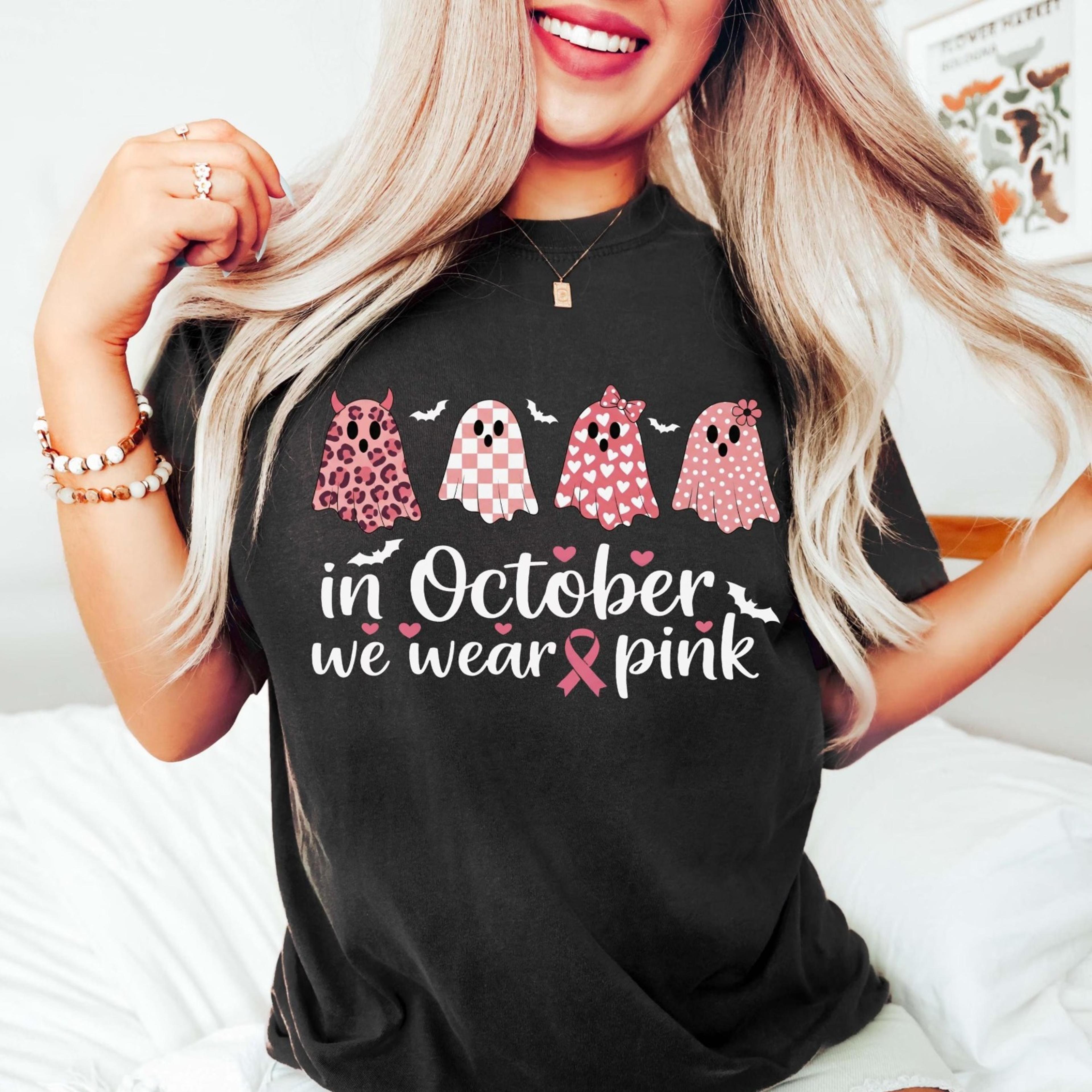 breast cancer support squad shirt warrior pink ribbon tee, breast cancer awareness gift, in october we wear pink ghost,