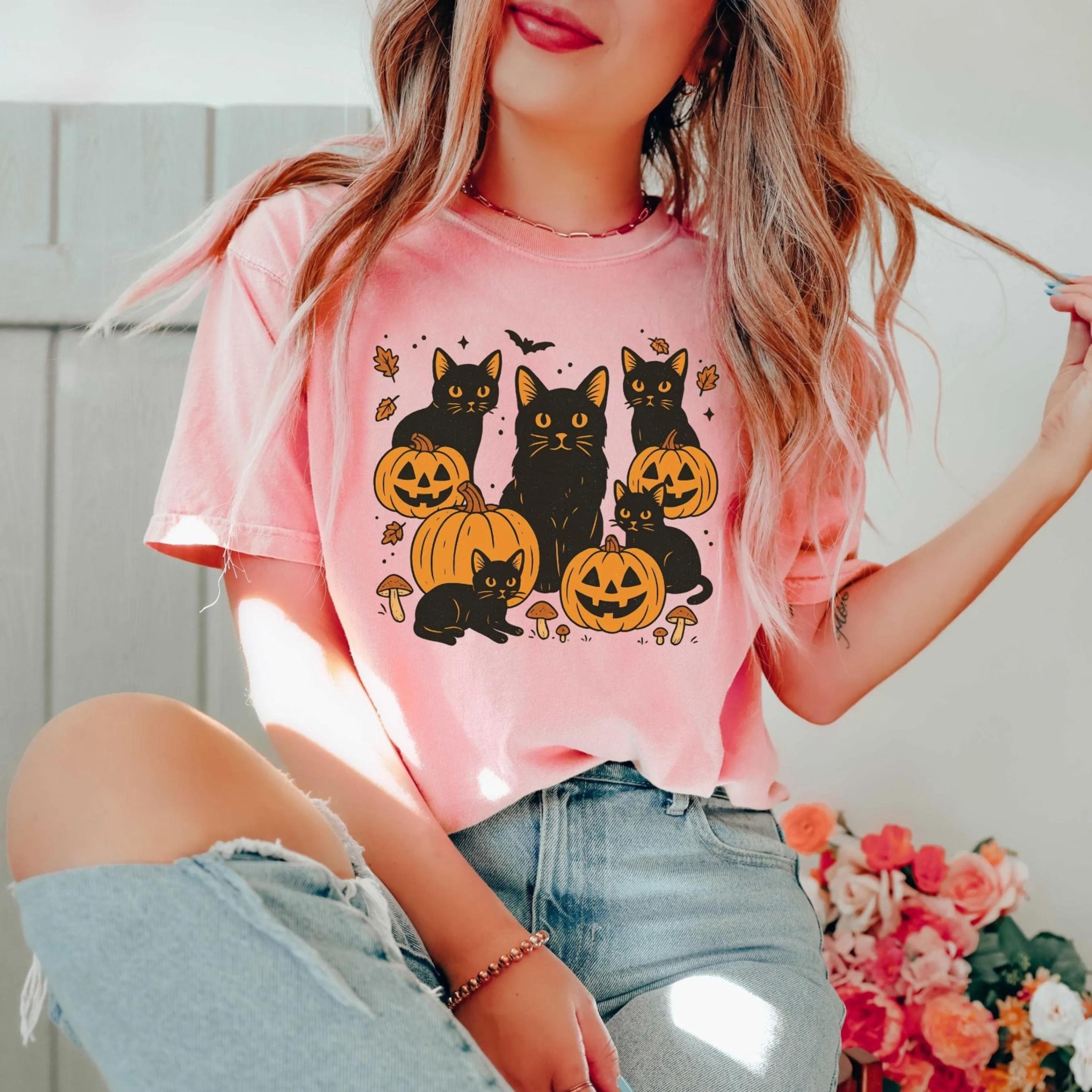 black cat & pumpkins shirt, spooky black cat sweatshirt, spooky pumpkin gift tee, witchy halloween shirt retro spooky w