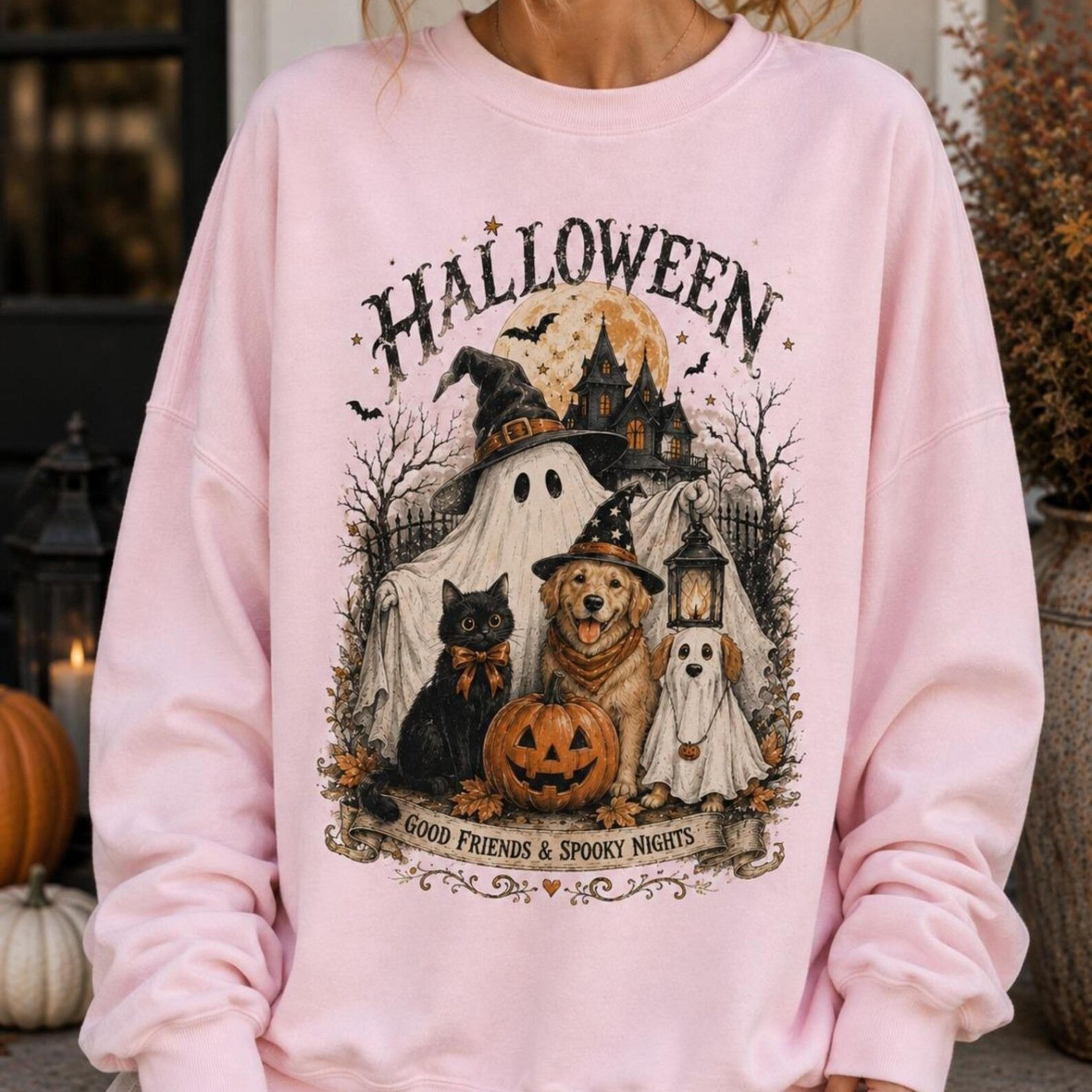 vintage halloween sweatshirt, ghost cat and dog shirt, spooky pets crewneck, retro halloween shirt, cute halloween gift