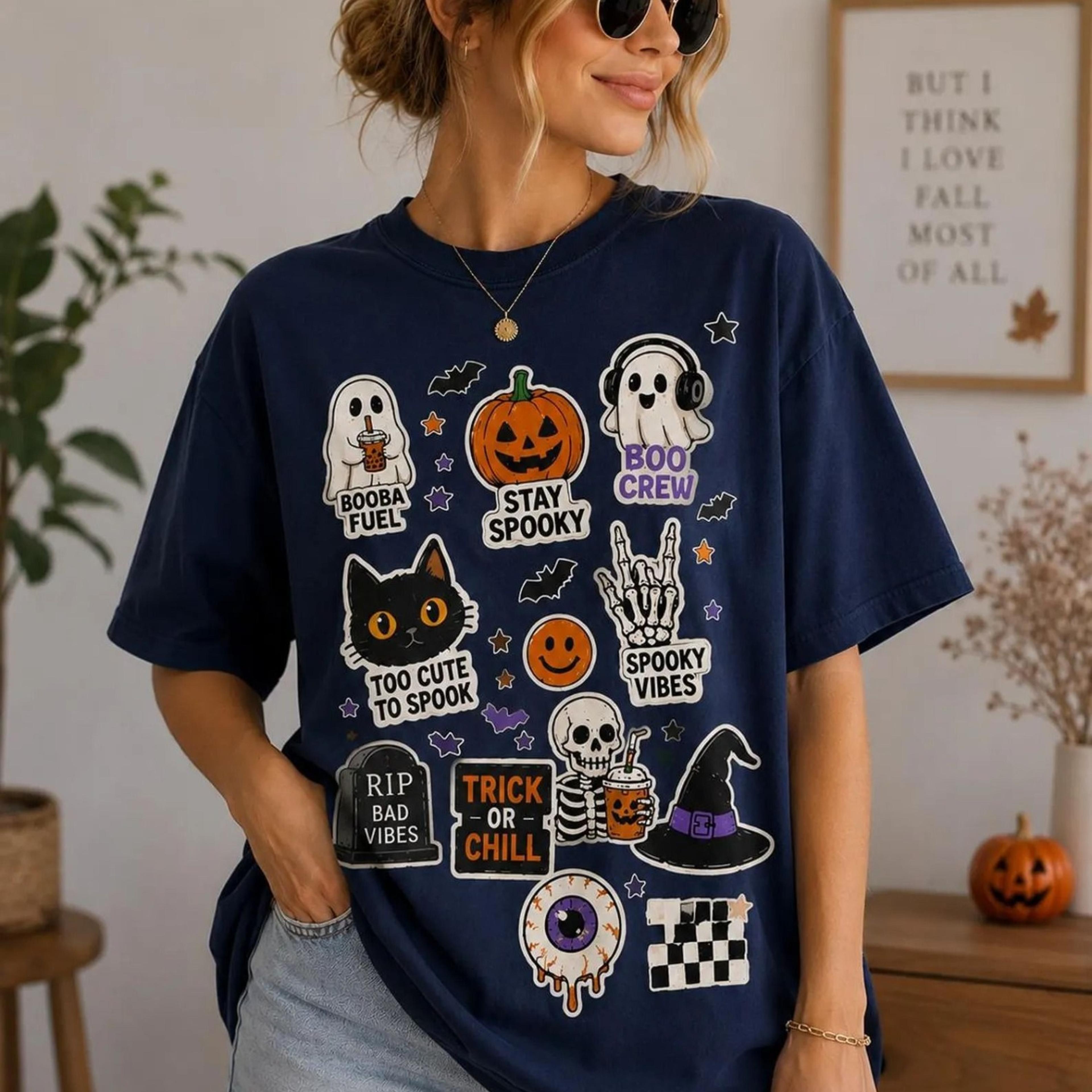 halloween sticker shirt, cute ghost pumpkin cat tee, spooky season graphic t-shirt, fall aesthetic shirt, trick or treat