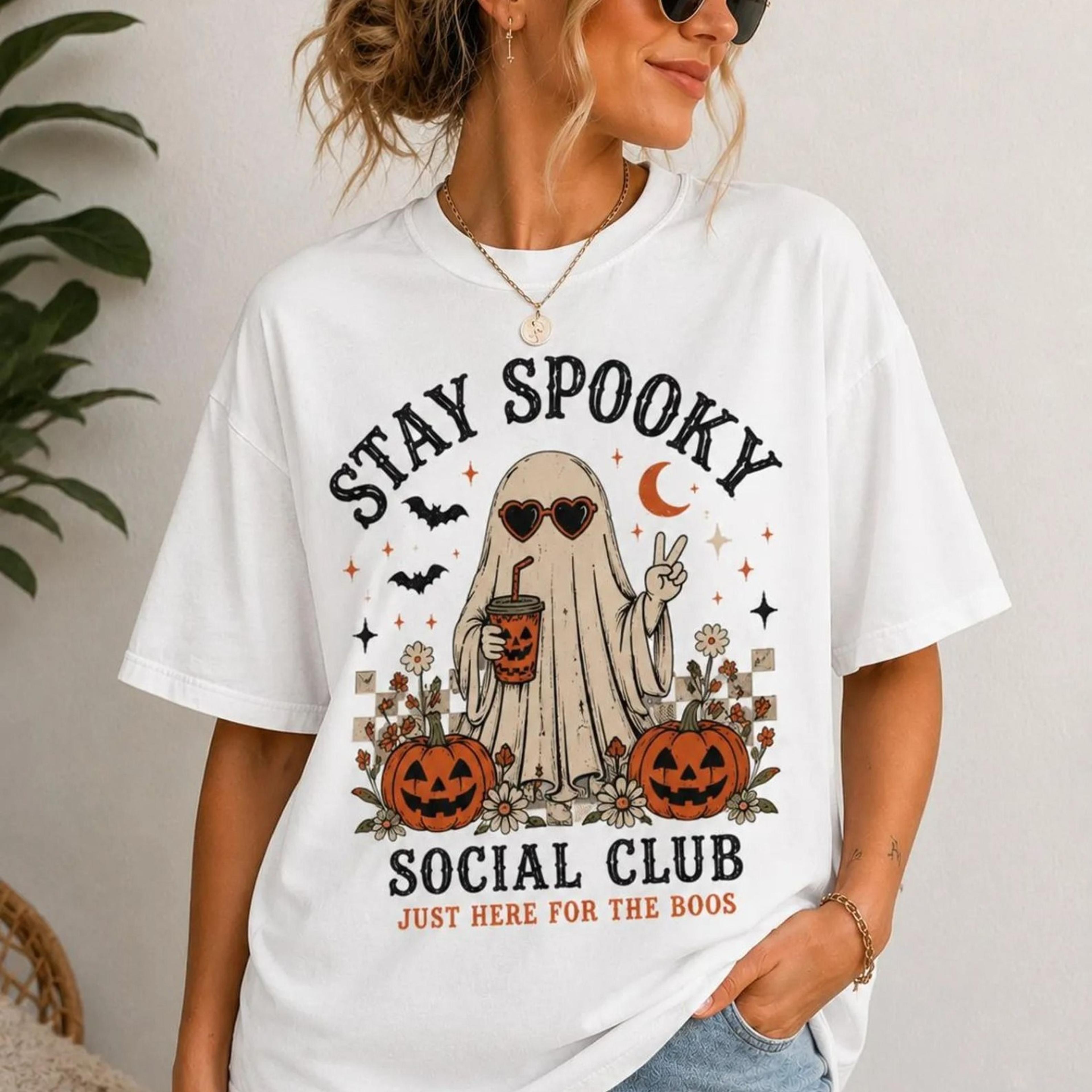 stay spooky social club shirt, cute ghost halloween tee, retro pumpkin graphic t-shirt, comfort colors halloween shirt
