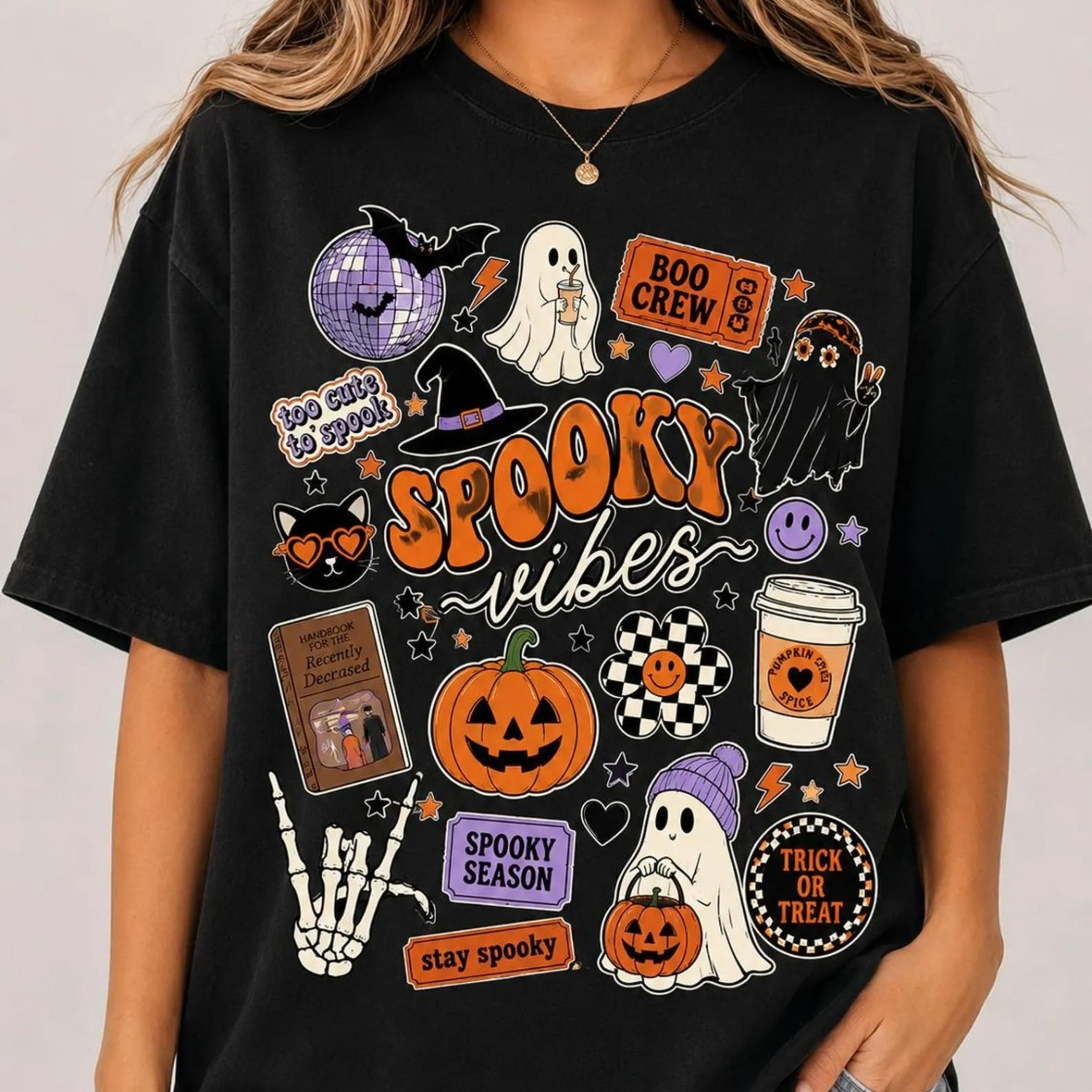 spooky vibes halloween shirt, cute halloween sticker tee, retro ghost pumpkin graphic t-shirt, halloween party gift