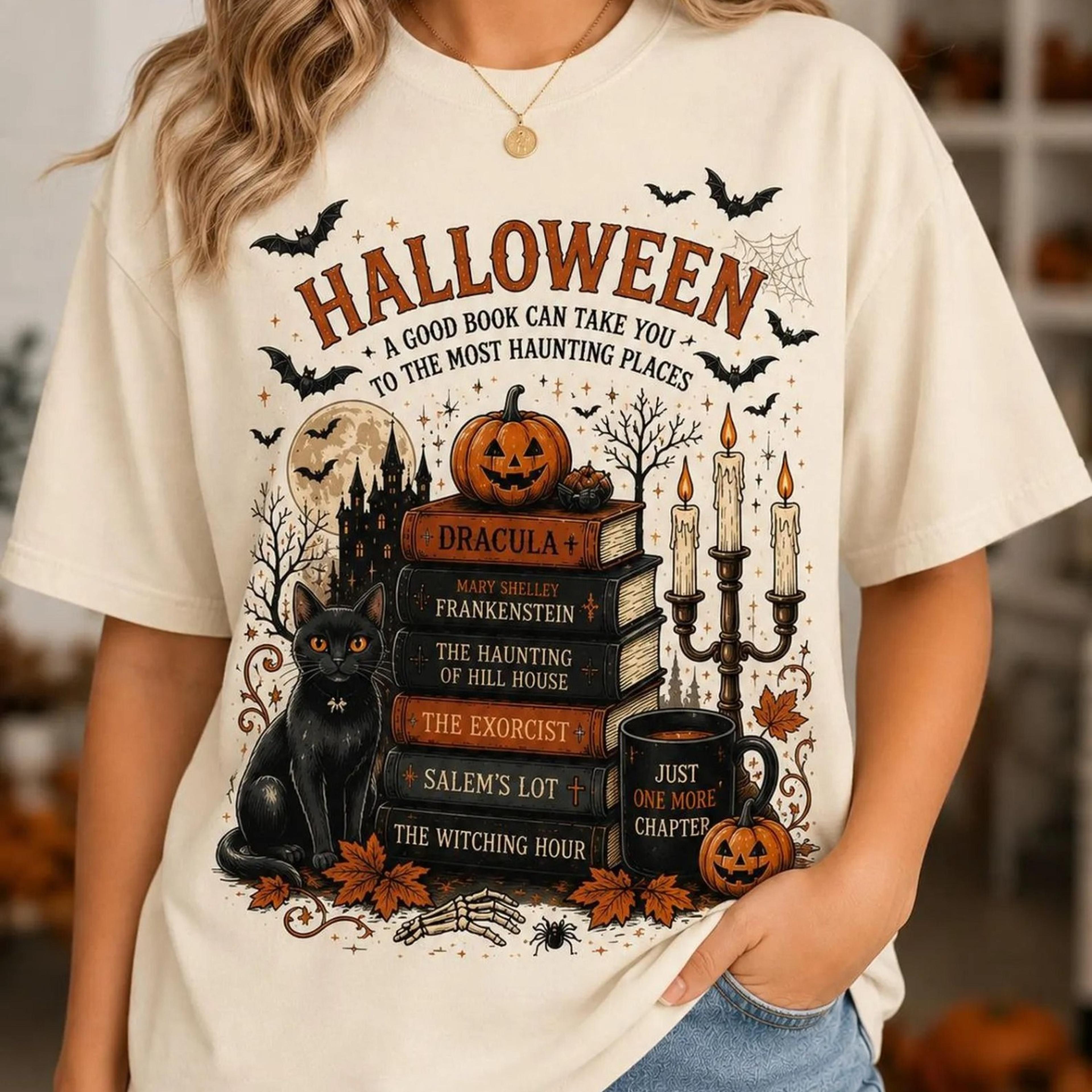 halloween book lover shirt, spooky reading graphic tee, black cat pumpkin t-shirt, gothic bookish fall sh