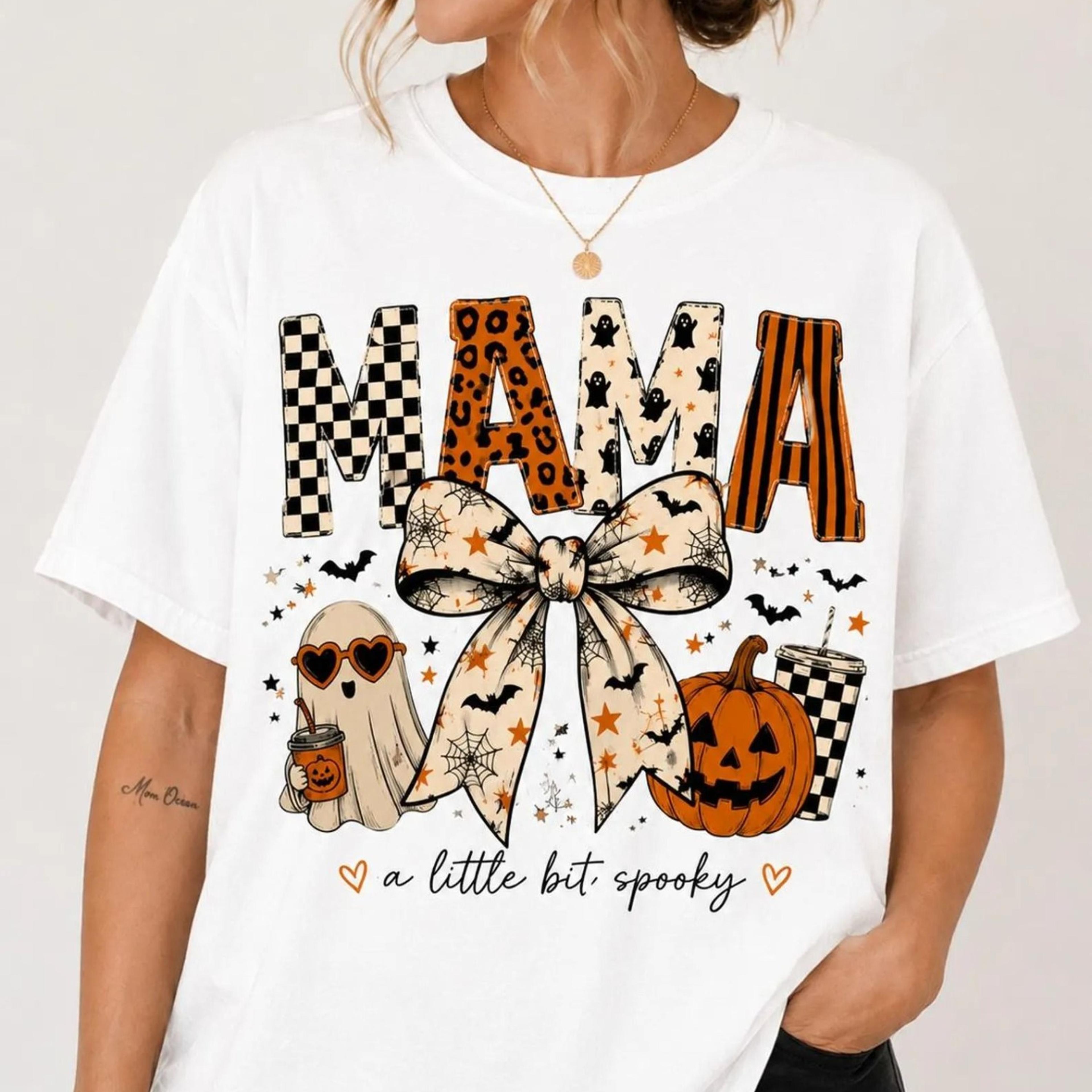 halloween mama shirt, spooky mama bow t-shirt, personalized mom halloween tee, cute ghost pumpkin comfort colors shirt