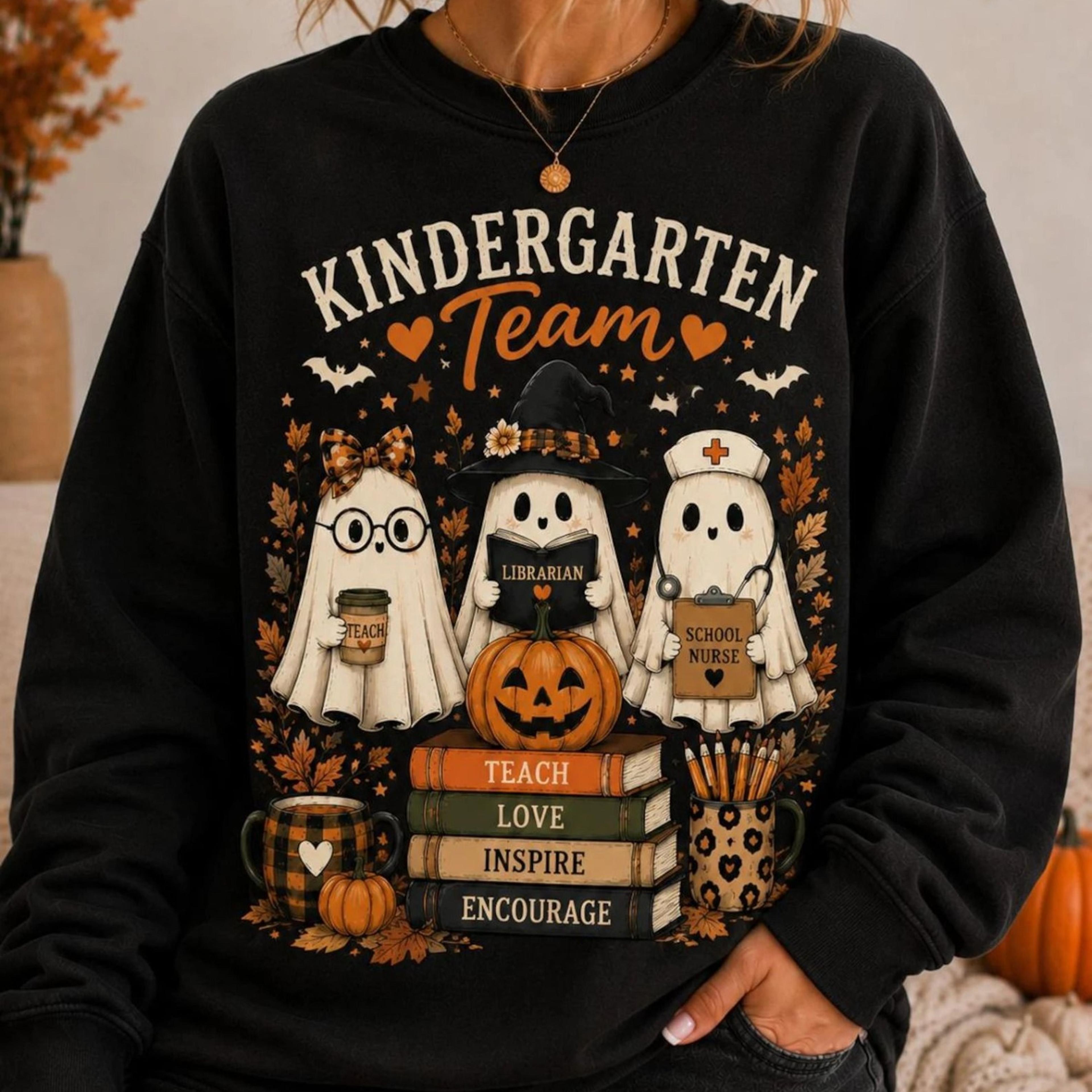 kindergarten team halloween sweatshirt, teacher pumpkin sweatshirt, librarian ghost shirt, school nurse fall sweatshirt