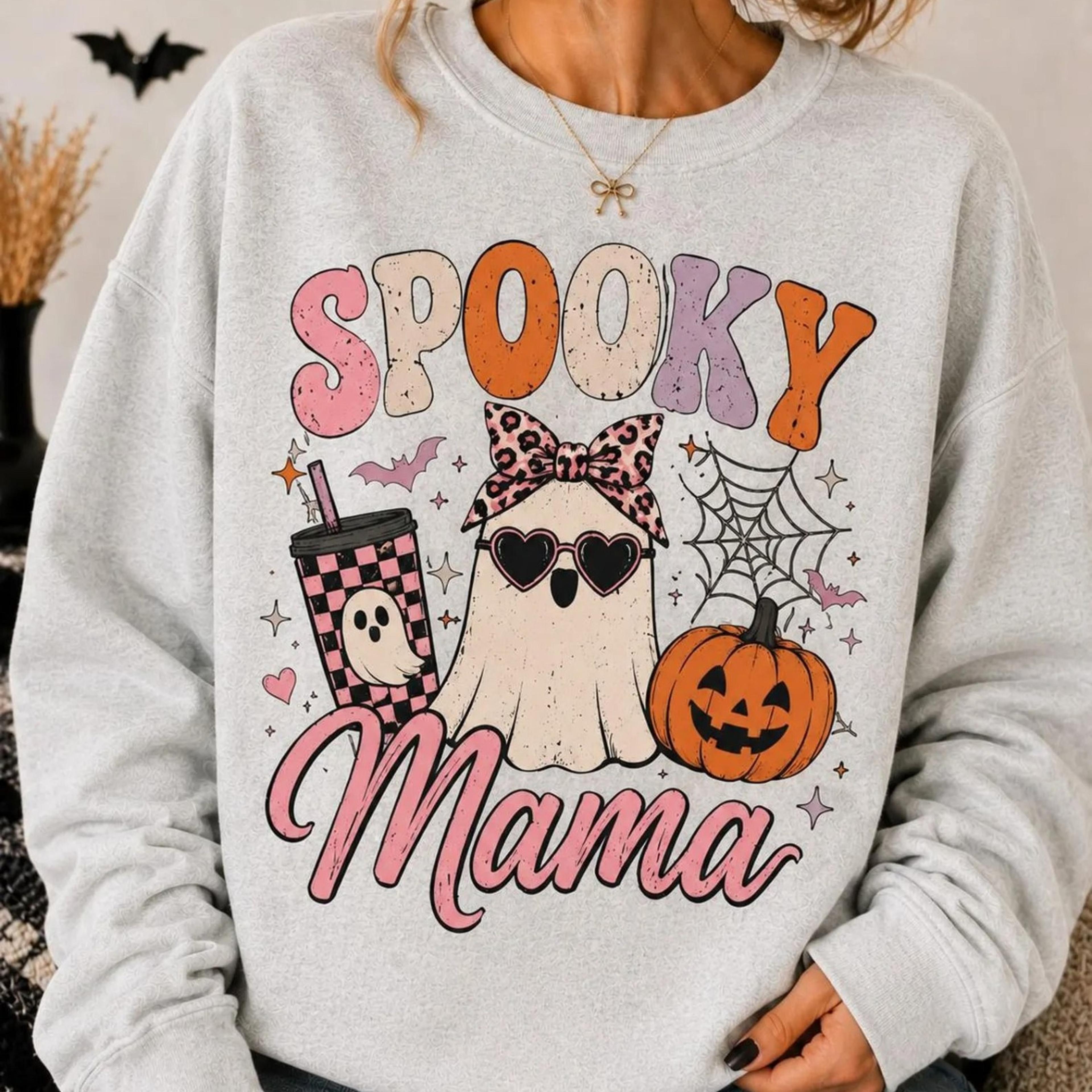 spooky mama sweatshirt, cute halloween ghost t-shirt, coquette halloween crewneck, pink ghost mama shirt