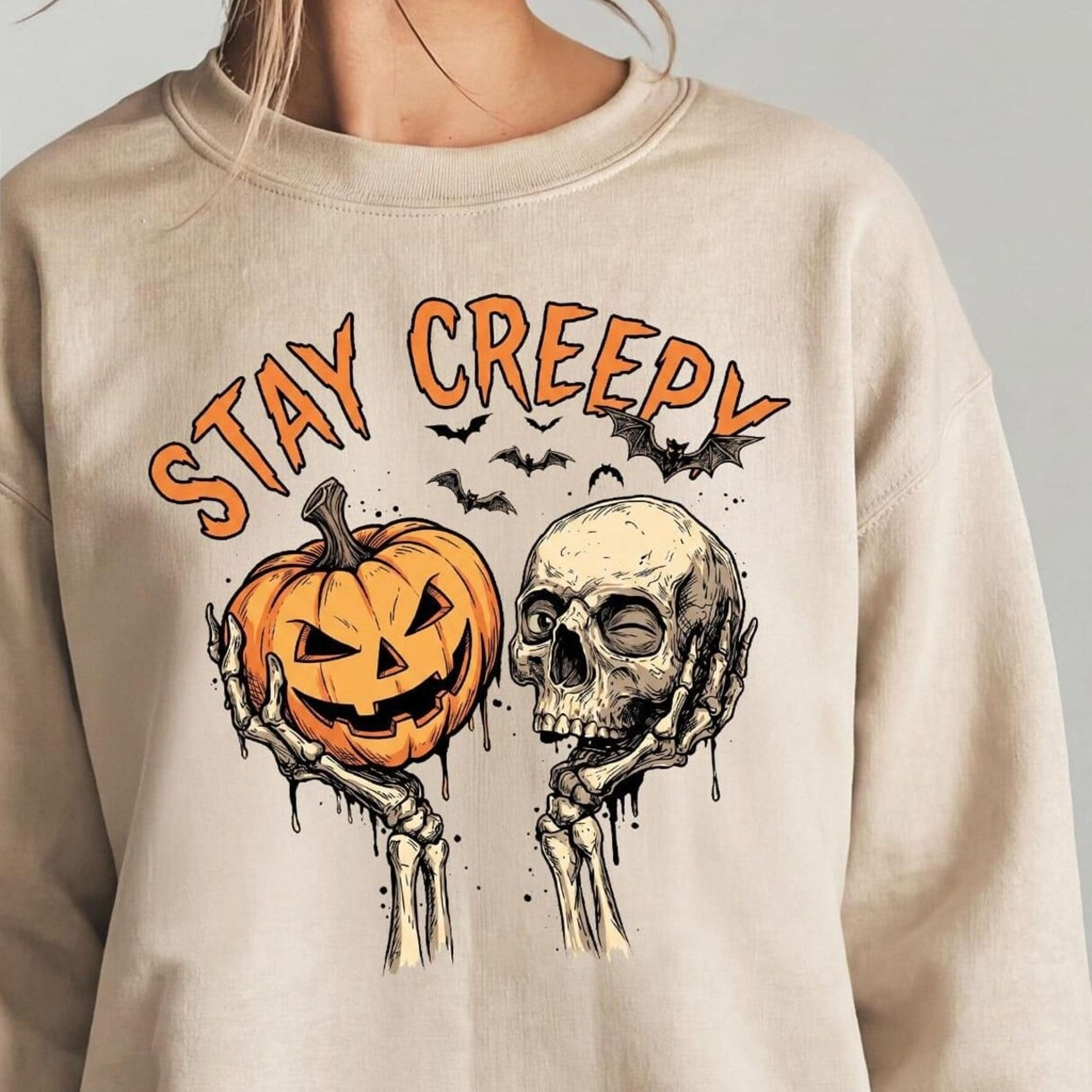 stay creepy halloween shirt, retro skeleton pumpkin tee, vintage spooky t-shirt, fall gothic graphic shir