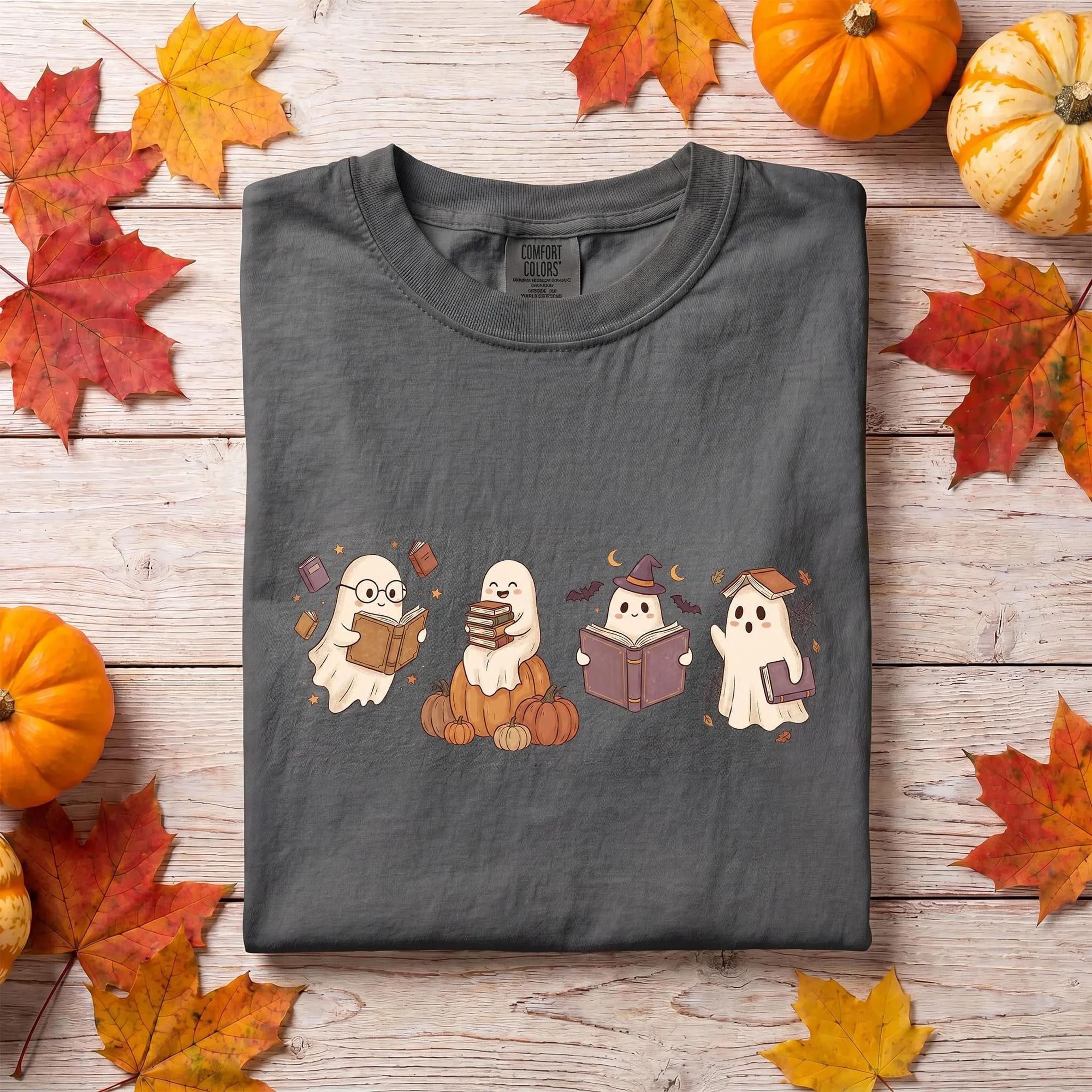 cute ghost reading shirt, cozy fall bookish tee, halloween book lover t-shirt, spooky season librarian gift,
