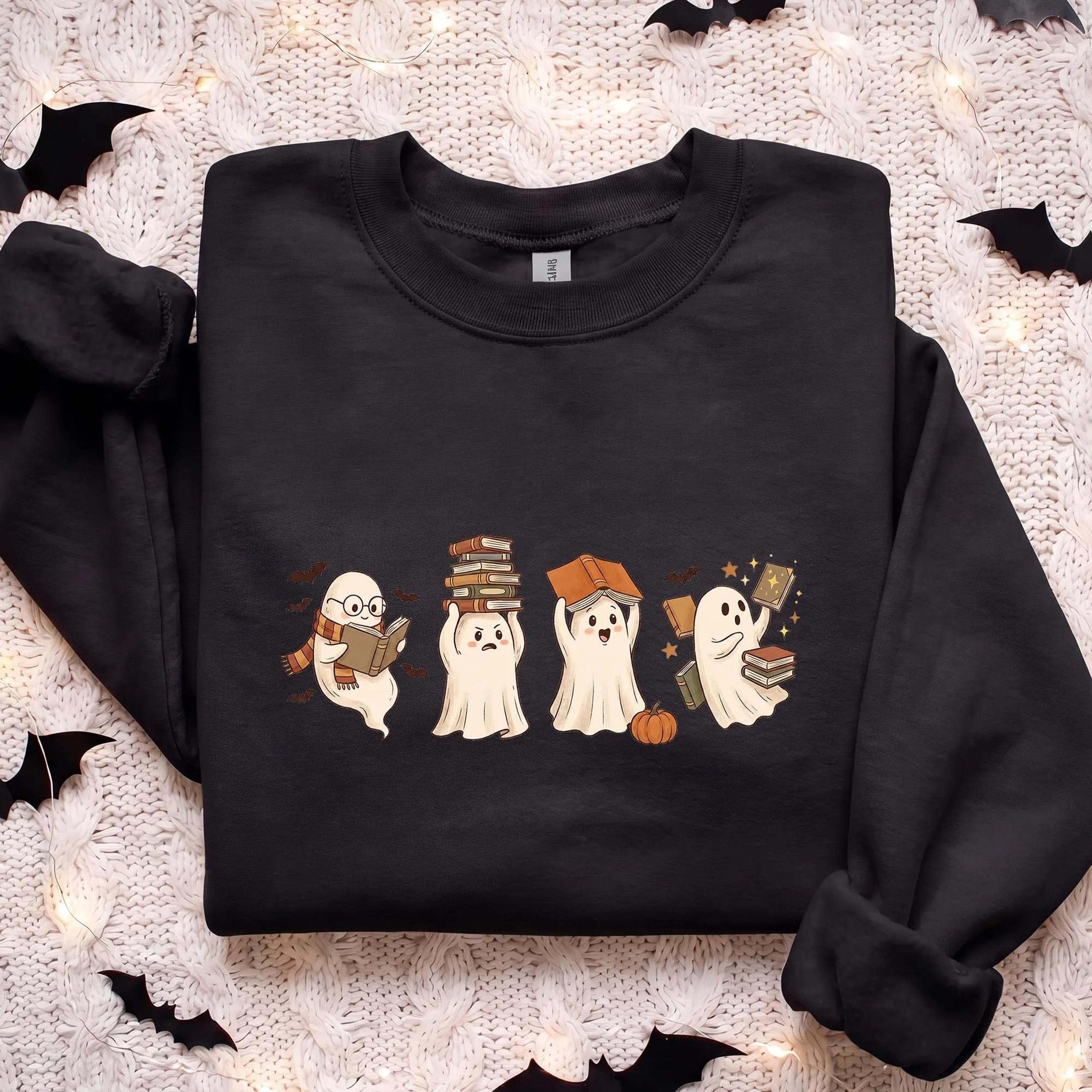 cute reading ghost shirt, bookish halloween tee, spooky season book lover top, cozy fall teacher t-shirt, autumn librari