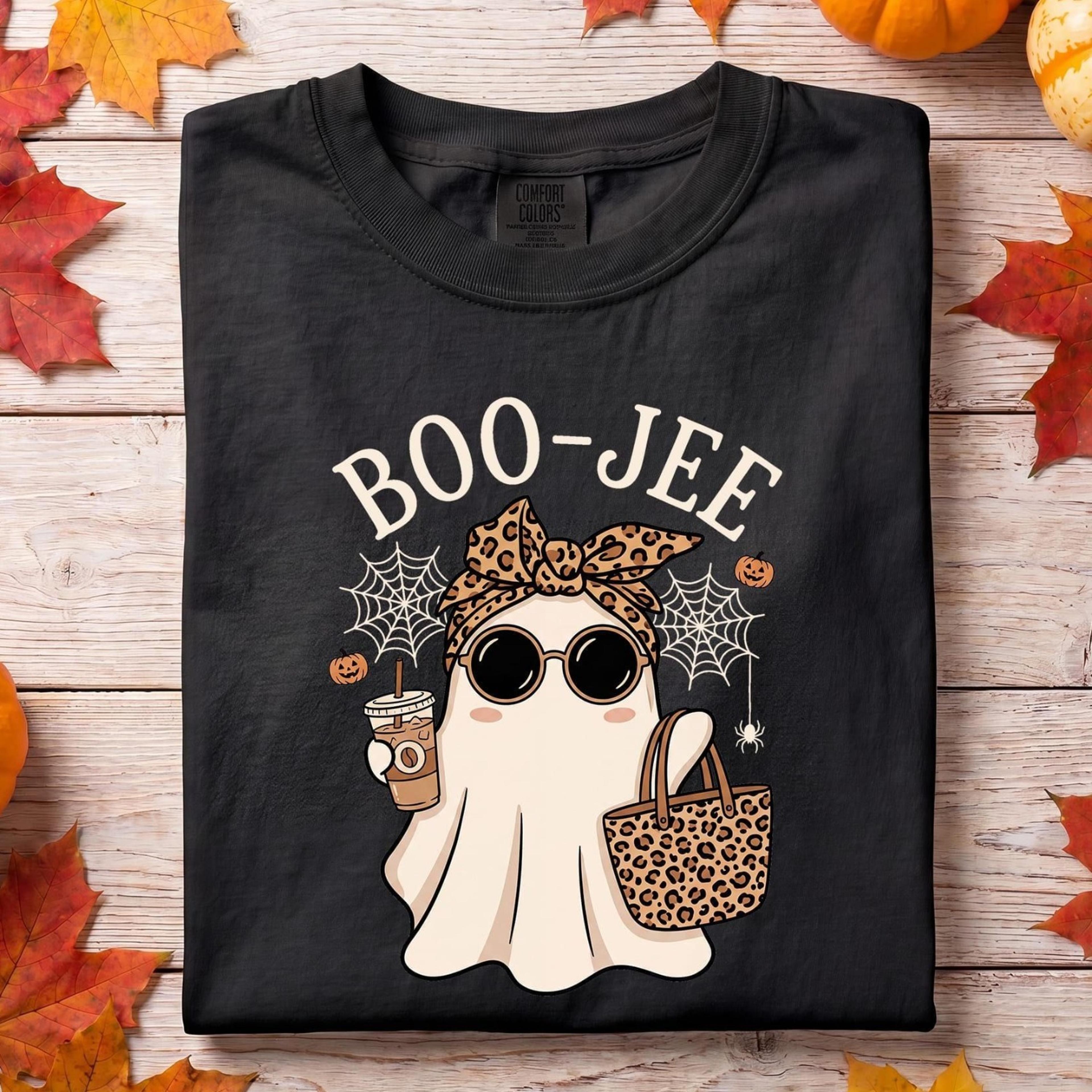 boojee ghost shirt, funny halloween tee, leopard print ghost, iced coffee fall shirt, cute spooky season top, trendy bou