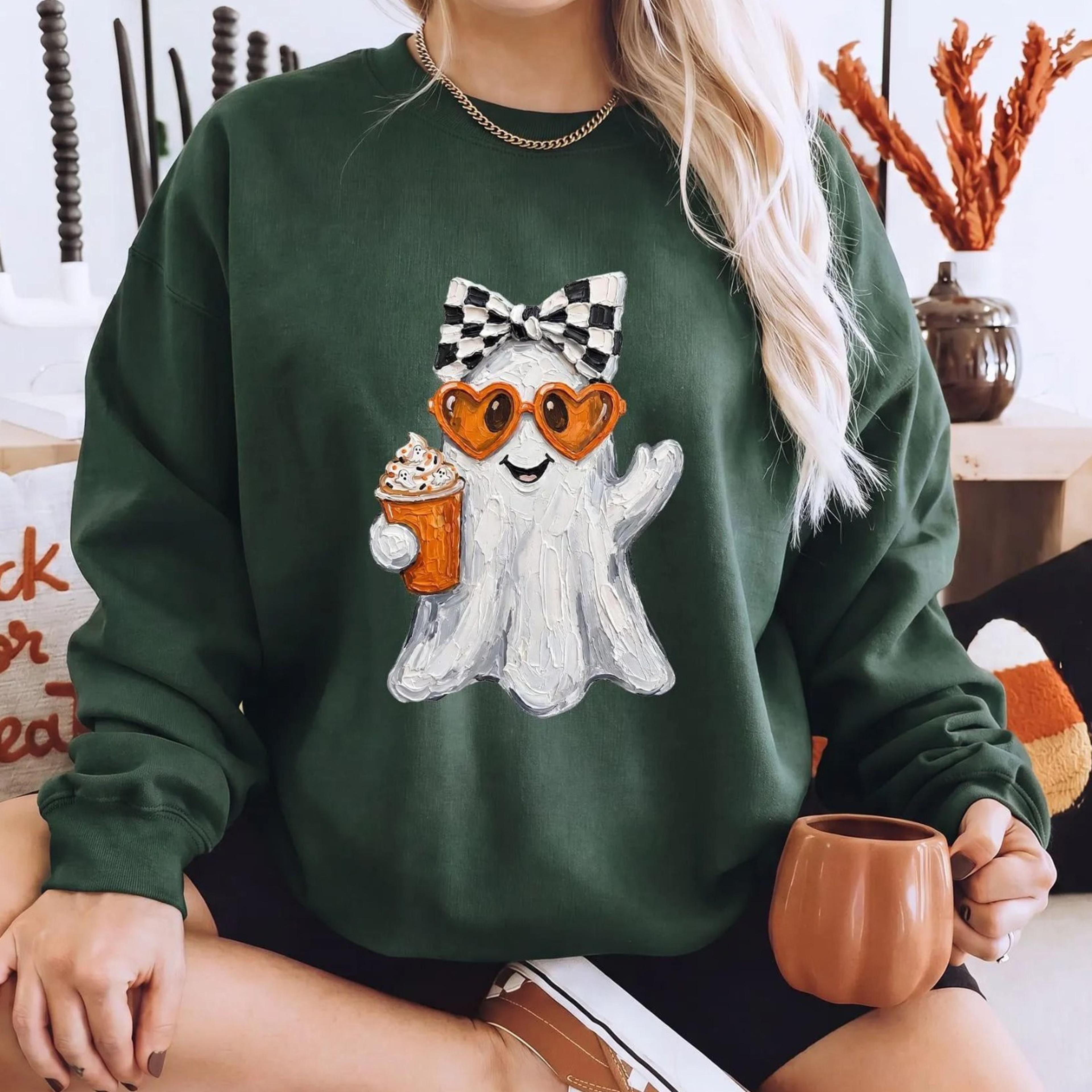 coquette ghost shirt, cute halloween tee, checkered bow fall sweater, iced coffee spooky season graphic t