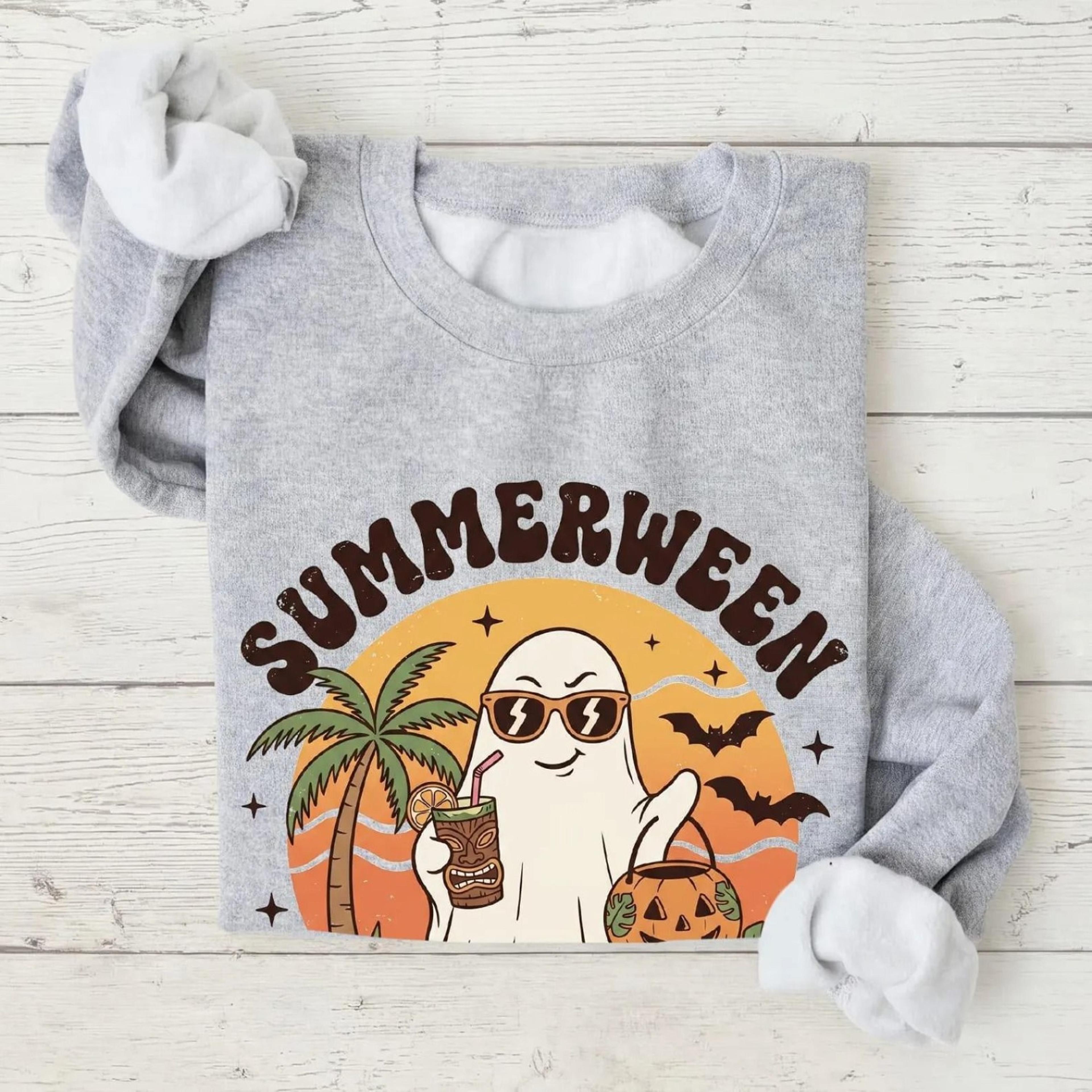 summerween ghost shirt, cute halloween beach tee, spooky summer vacation shirt, pumpkin candy bucket gift for halloween