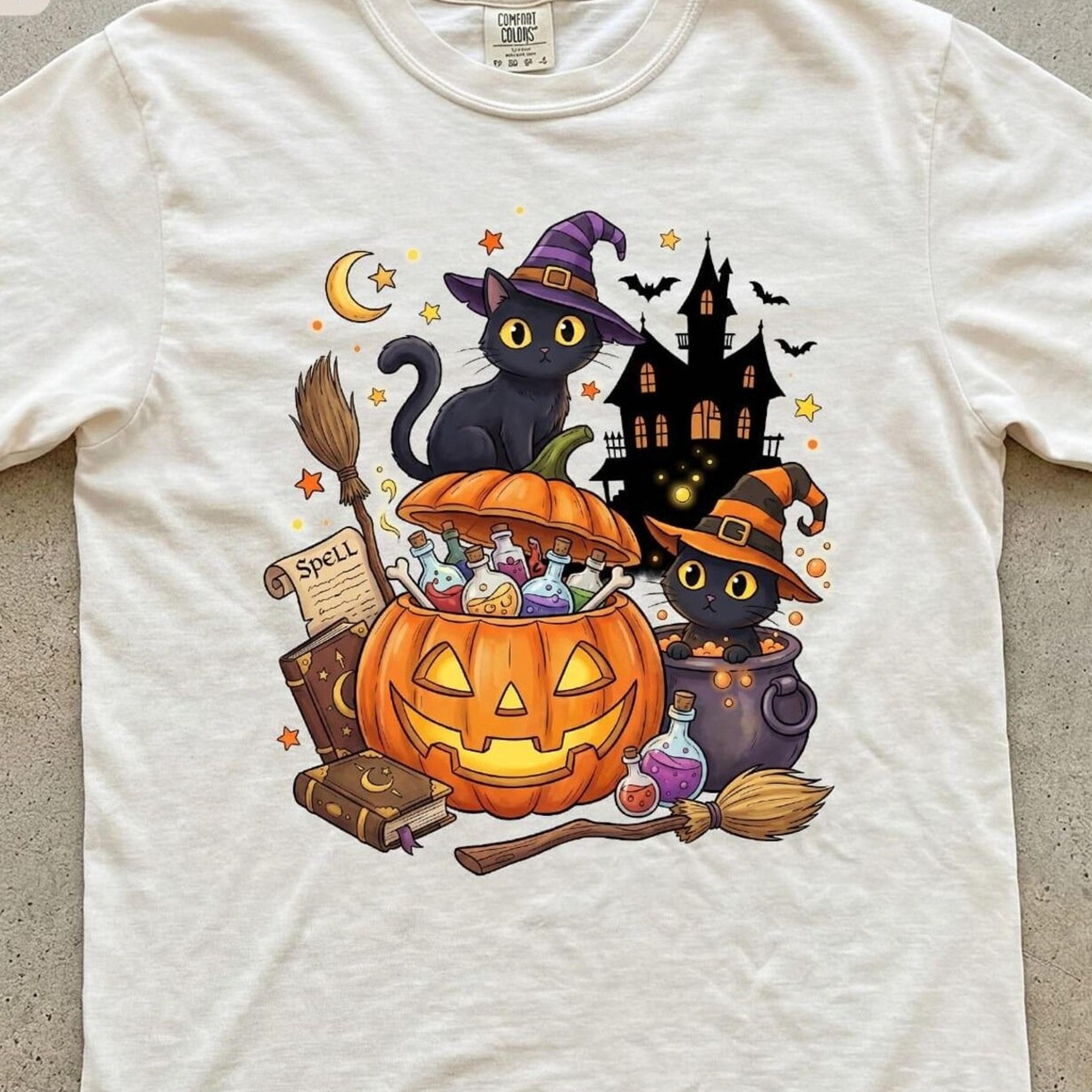 halloween black cat shirt, witch cat pumpkin tee, cute spooky season gift, haunted house fall graphic apparel for cat lo