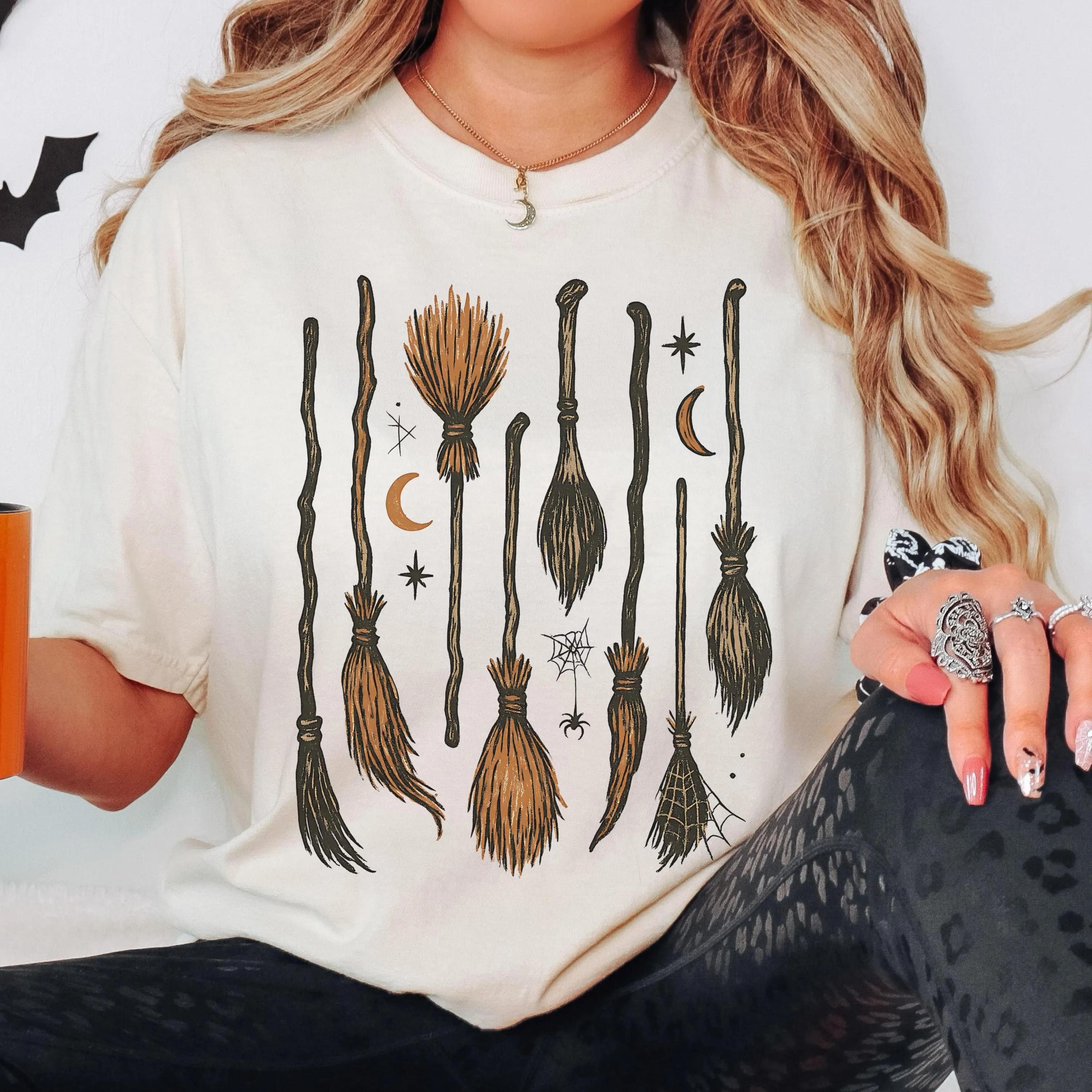 witch broom shirt halloween shirt spooky season tee witchy fall graphic shirt vintage broomstick tshirt c