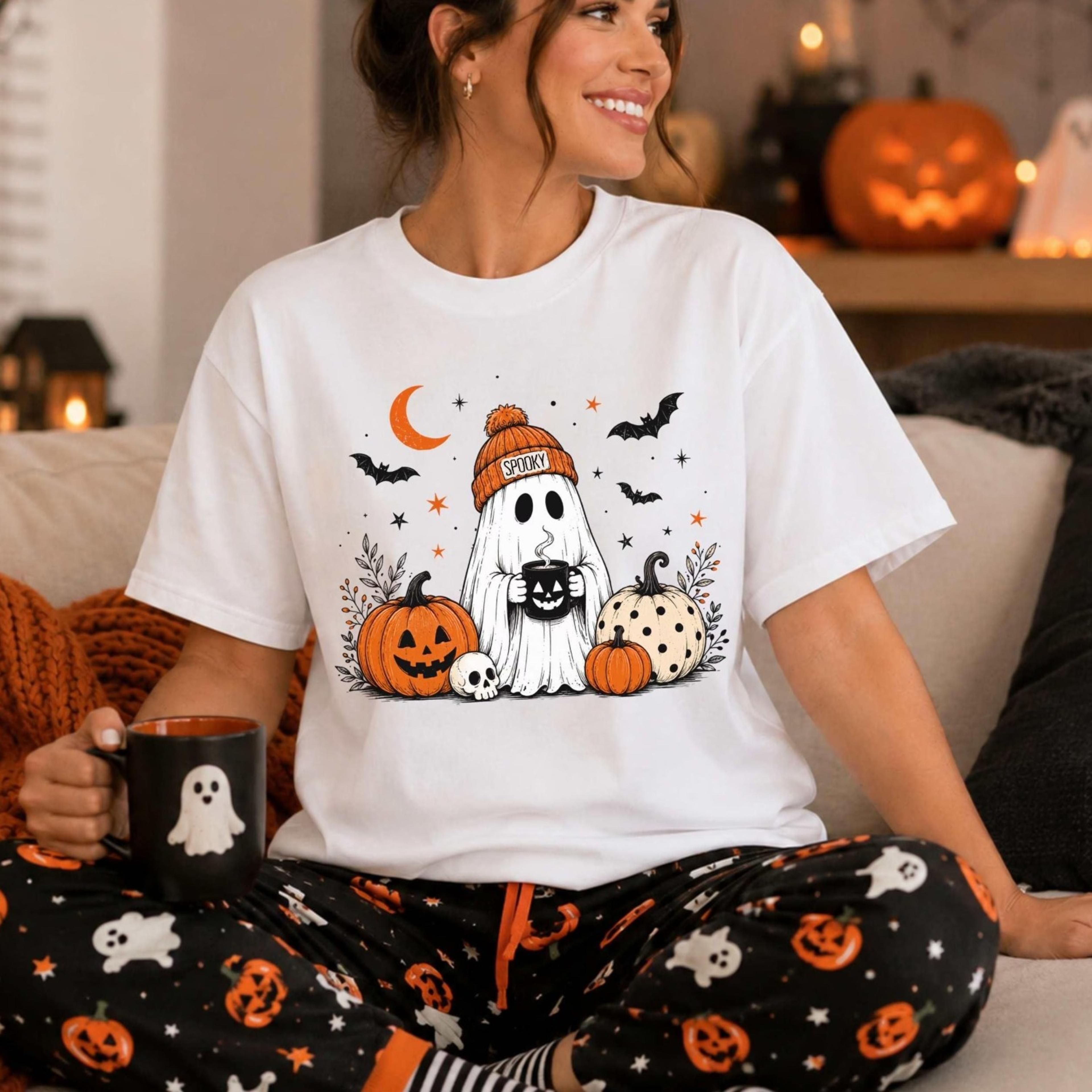 spooky ghost coffee shirt, halloween skeleton pumpkin tshirt, autumn vibes tee