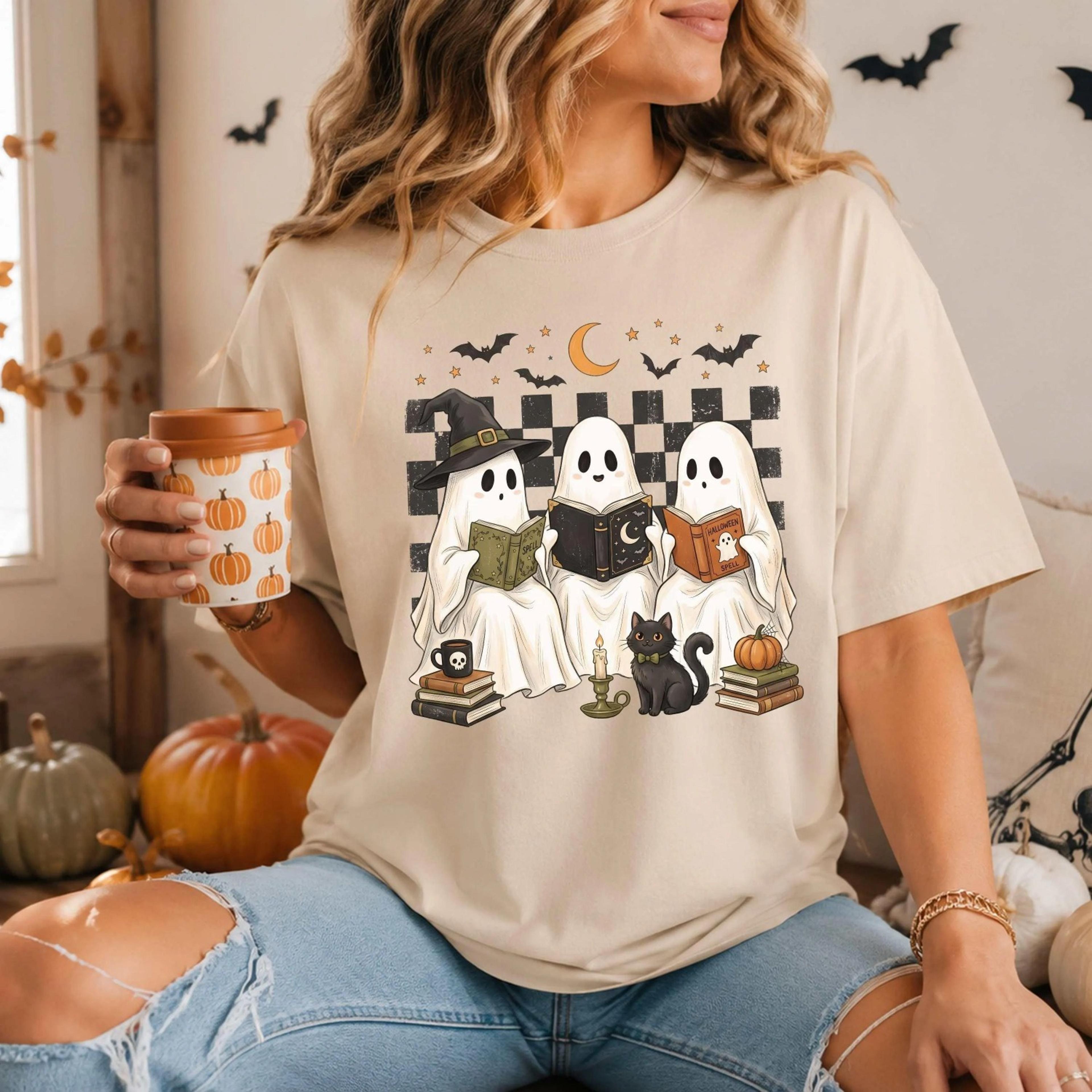 ghost reading books shirt, spooky gift for reader, halloween bookish tee