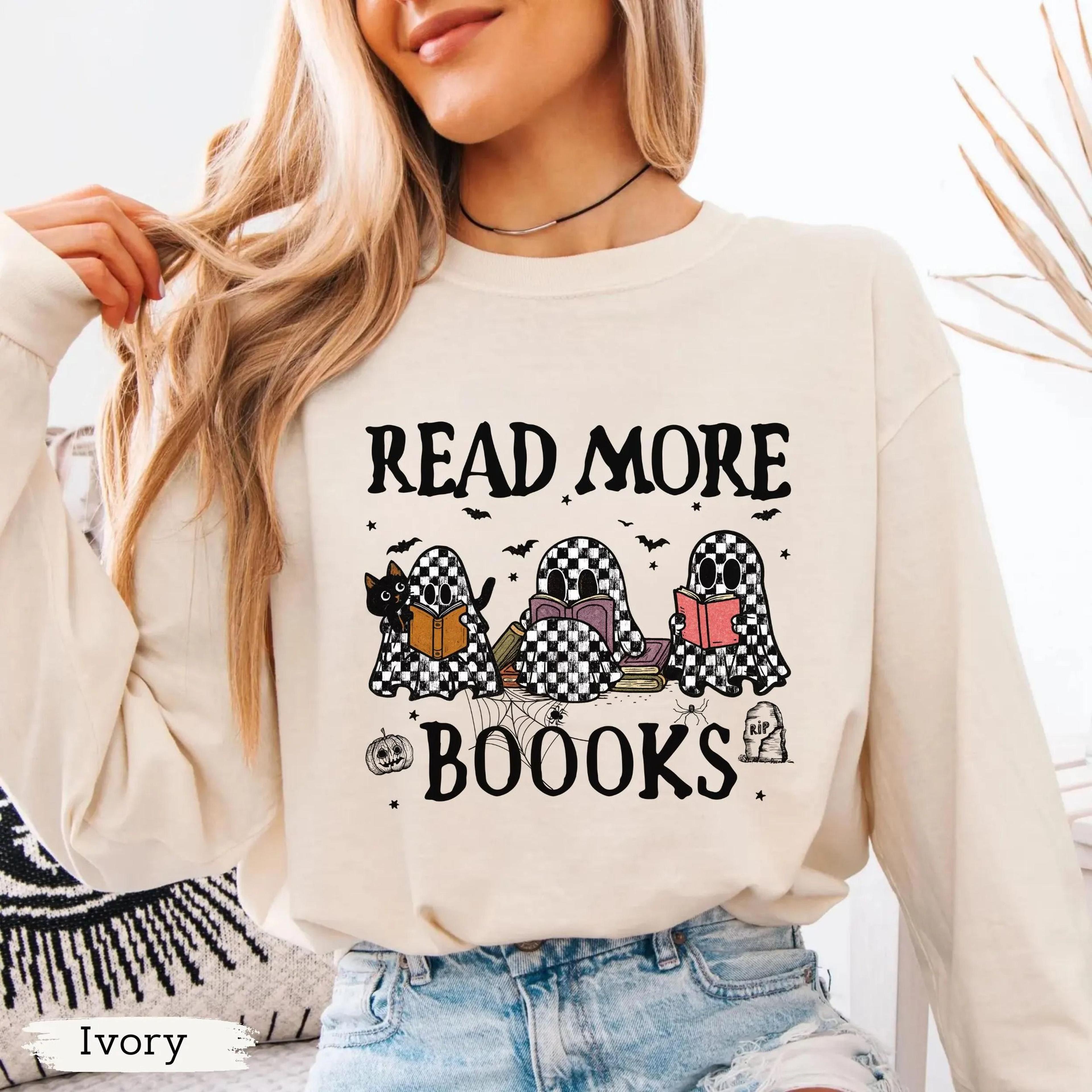 read more booooks shirt, checkered ghost bookish halloween tee, librarian teacher top, spooky season book lover gift