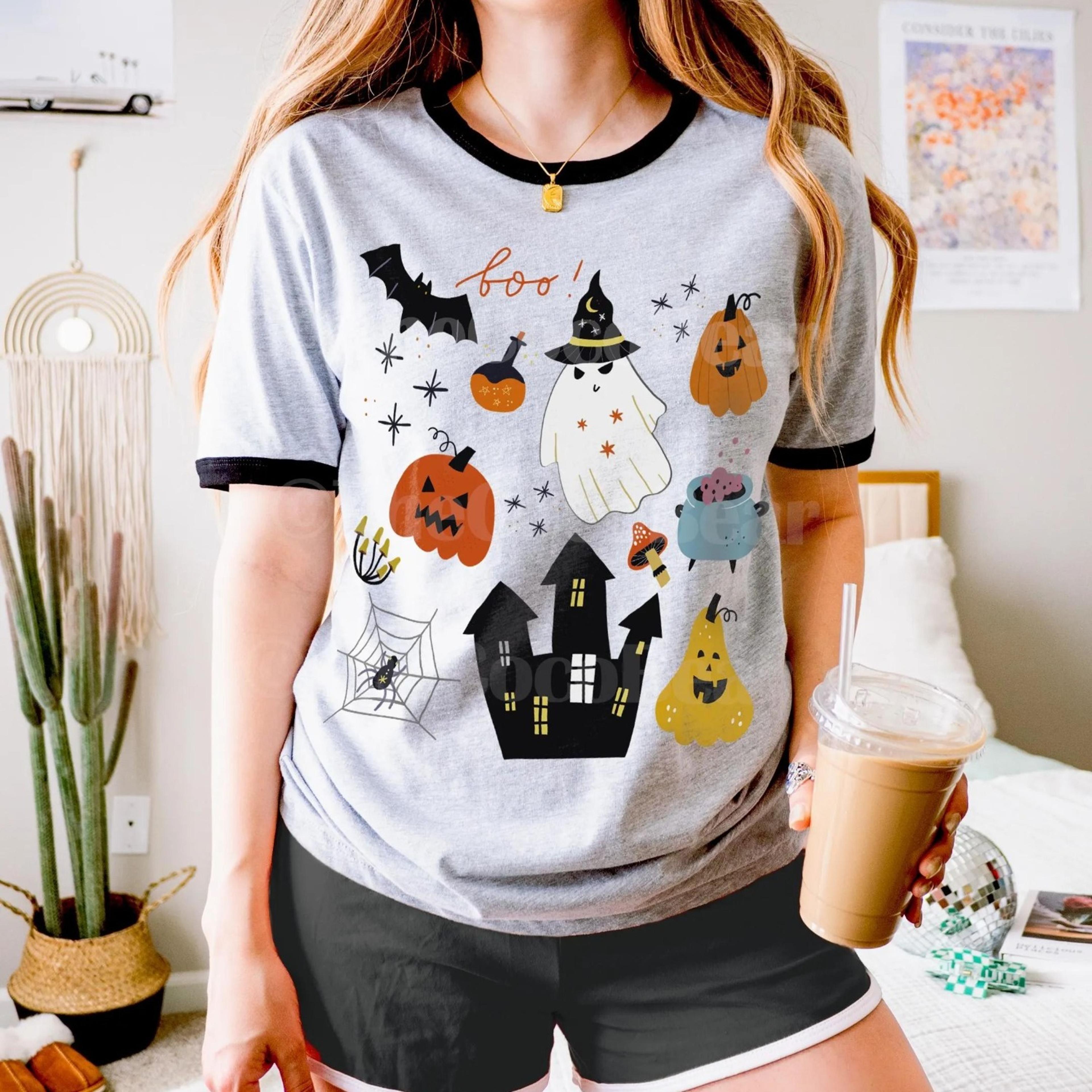 retro halloween ringer shirt, vintage haunted house tshirt, spooky season tee, halloween collage t-shirt, halloween shir