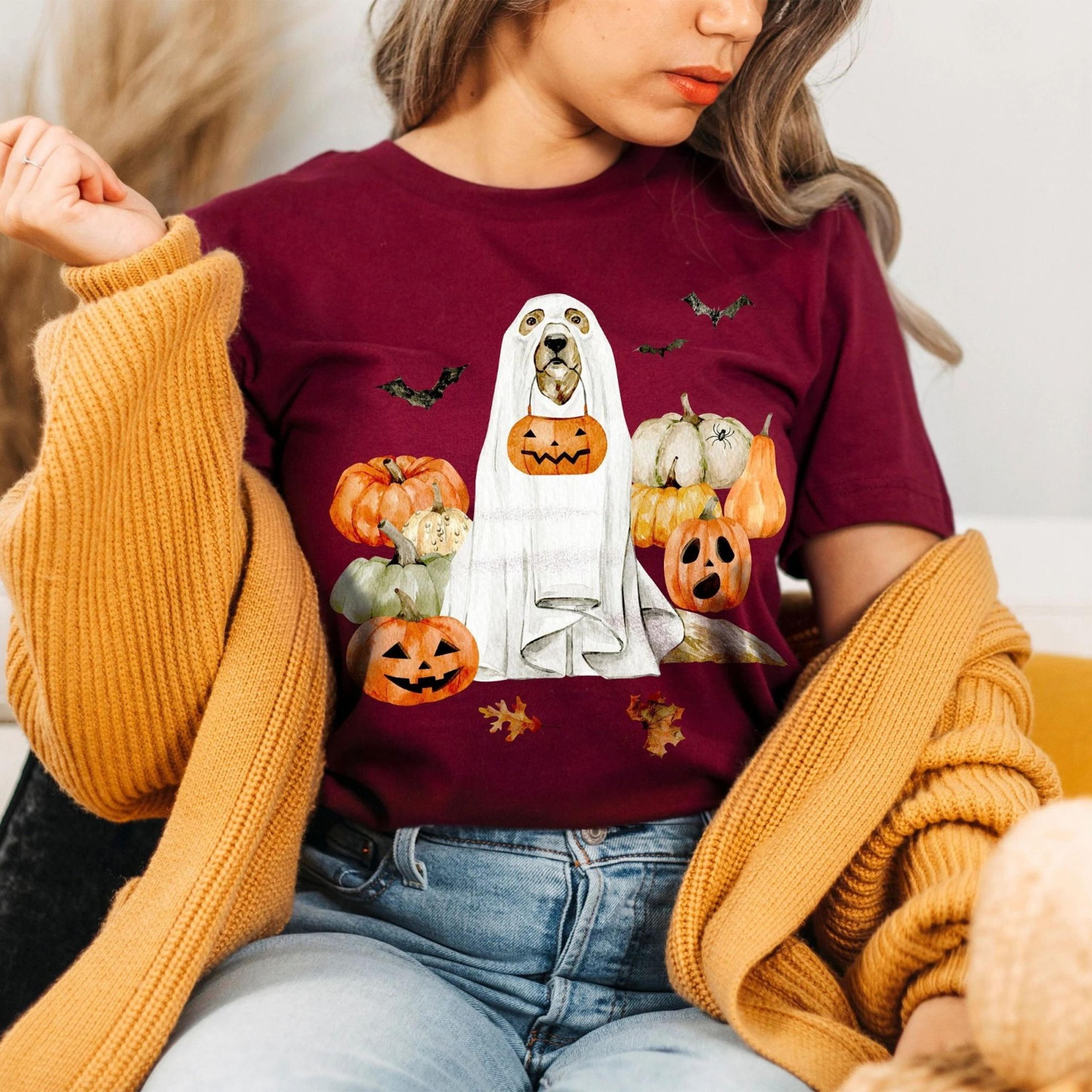 ghost dog halloween t-shirt golden retriever, pumpkins, bats